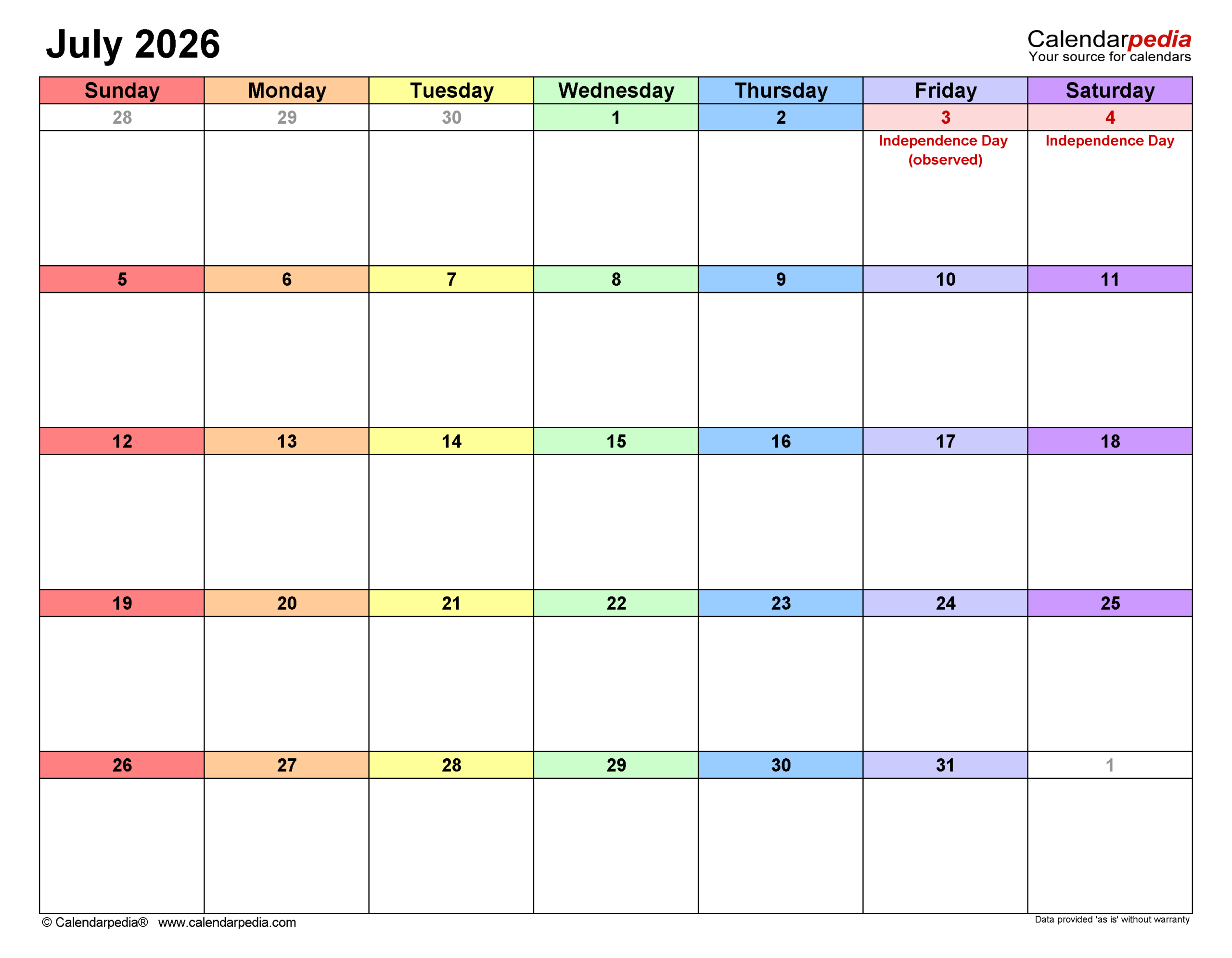 July 2026 Calendar Templates For PDF Excel And Word