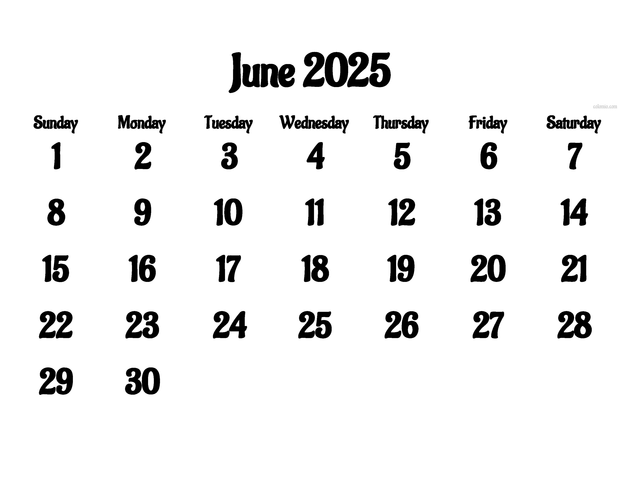 June 2025 Calendar Days