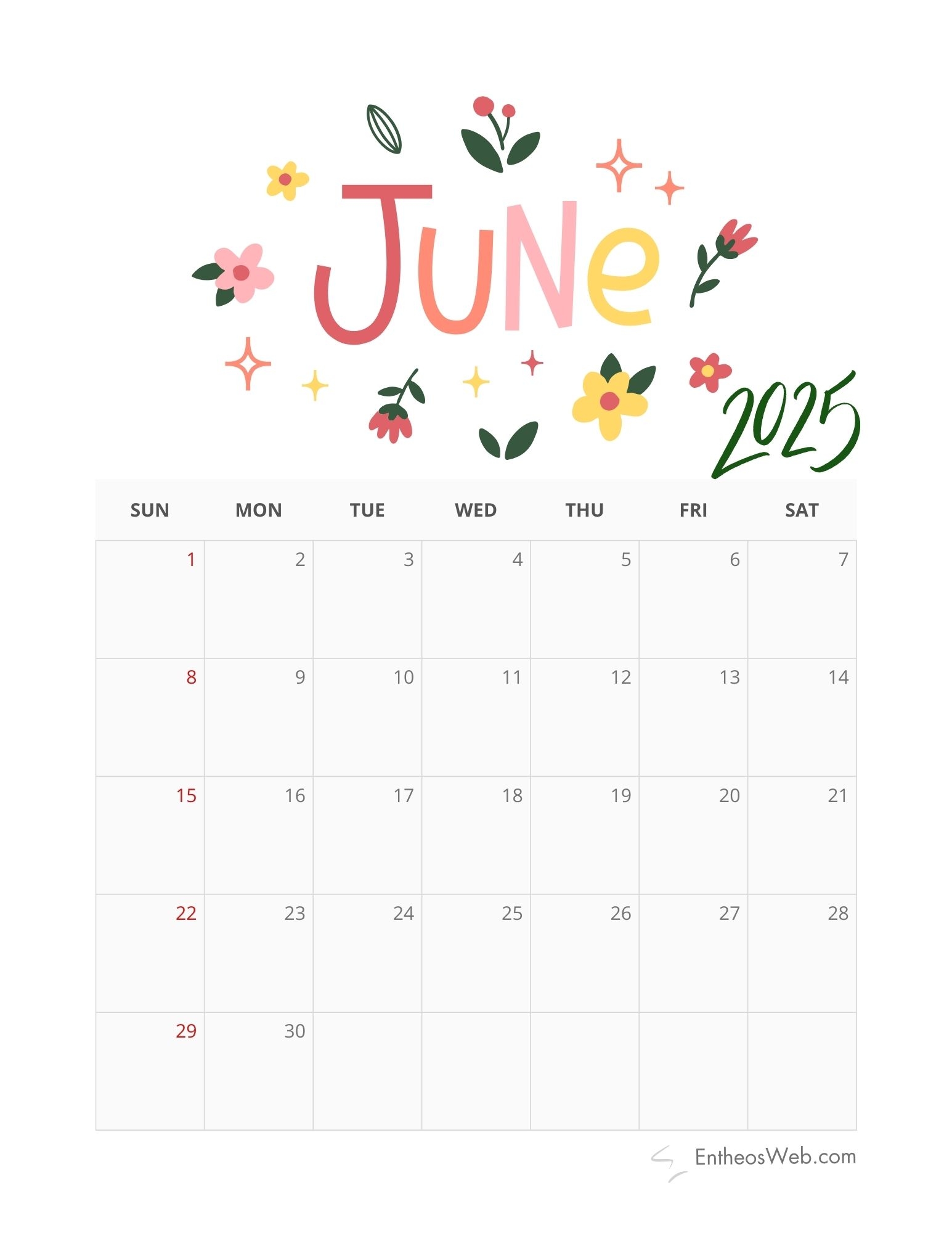 June 2025 Calendar Printables EntheosWeb