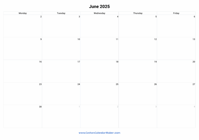 June 2025 Calendar Weekdays Only Monday To Friday Custom 