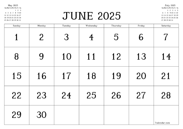 June Calendar 2025 Printable Template 7calendar