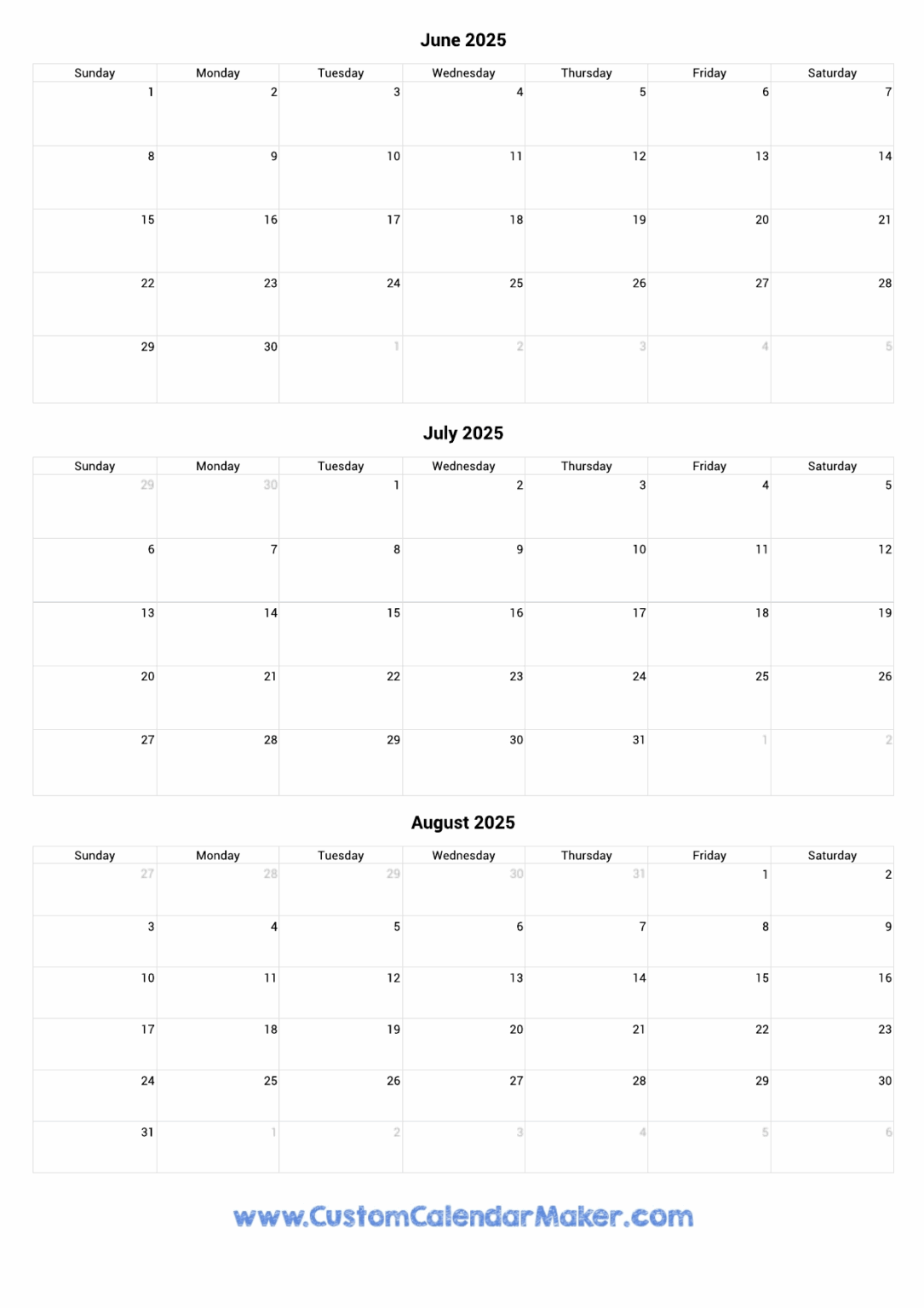 Printable Calendar 2025 June July August - Free Printable Calendar