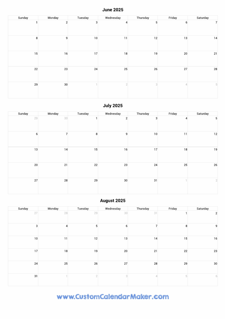 Printable Calendar 2025 June July August - Free Printable Calendar