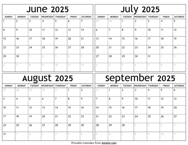 June To September 2025 Calendar Templates Four Months