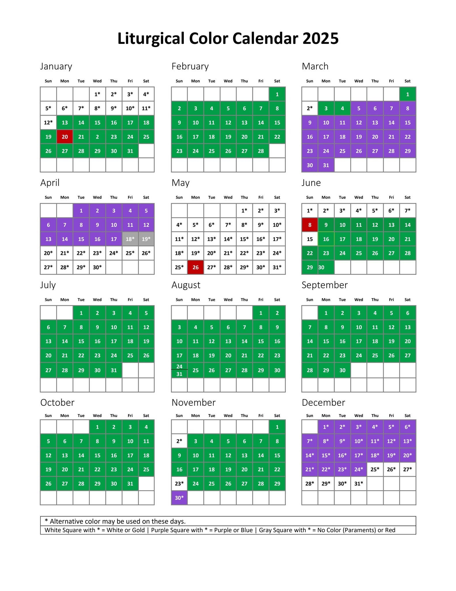 Church Calendar January 2026