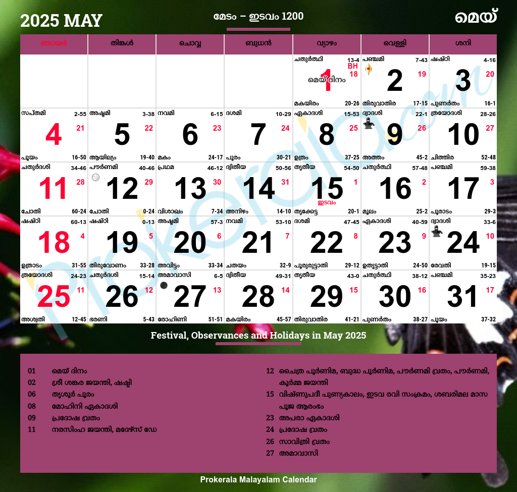 Malayalam Calendar 2025 May