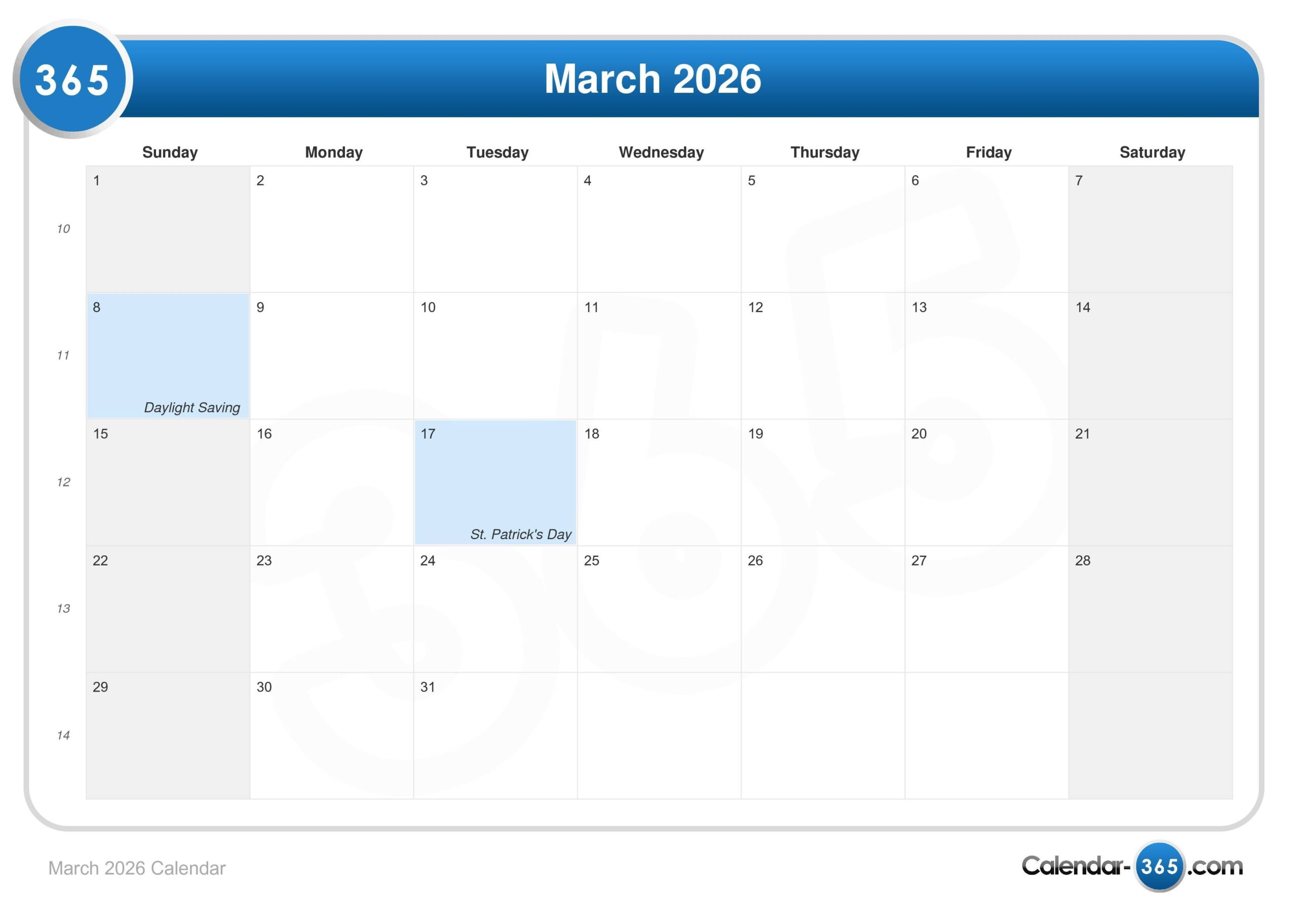 March Days 2026 Calendar