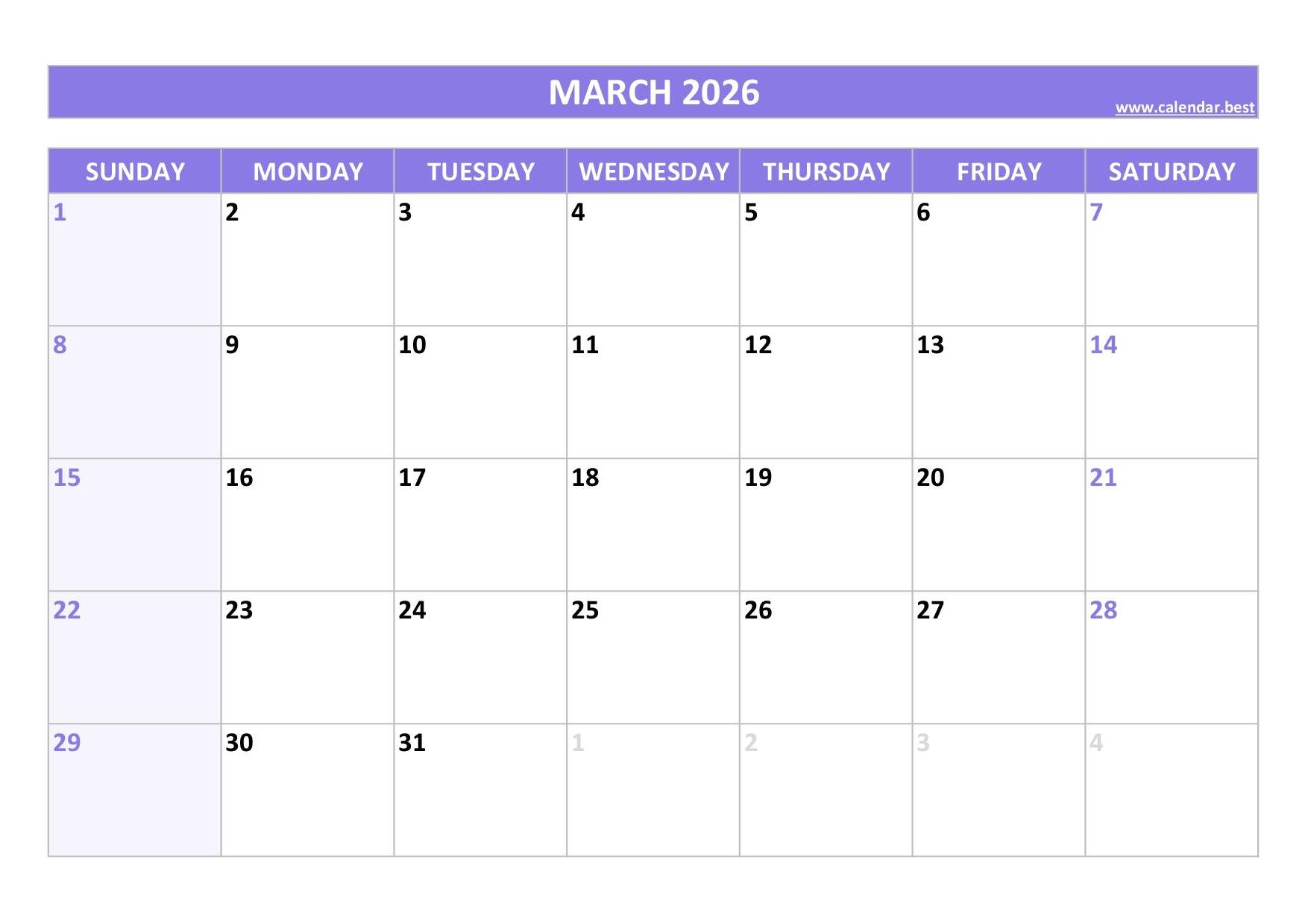 Free Download March 2026 Calendar