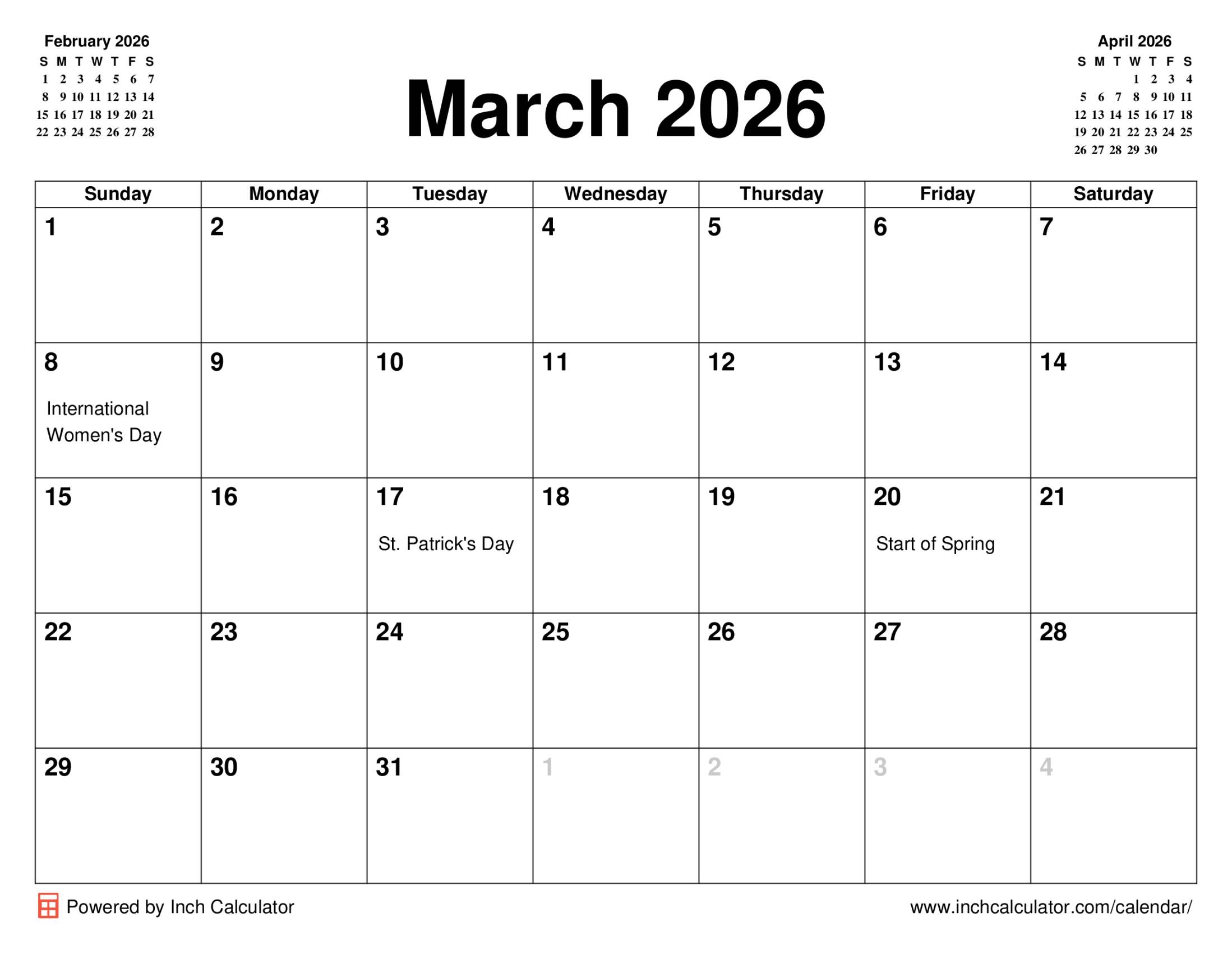 March 2026 Calendar Inch Calculator