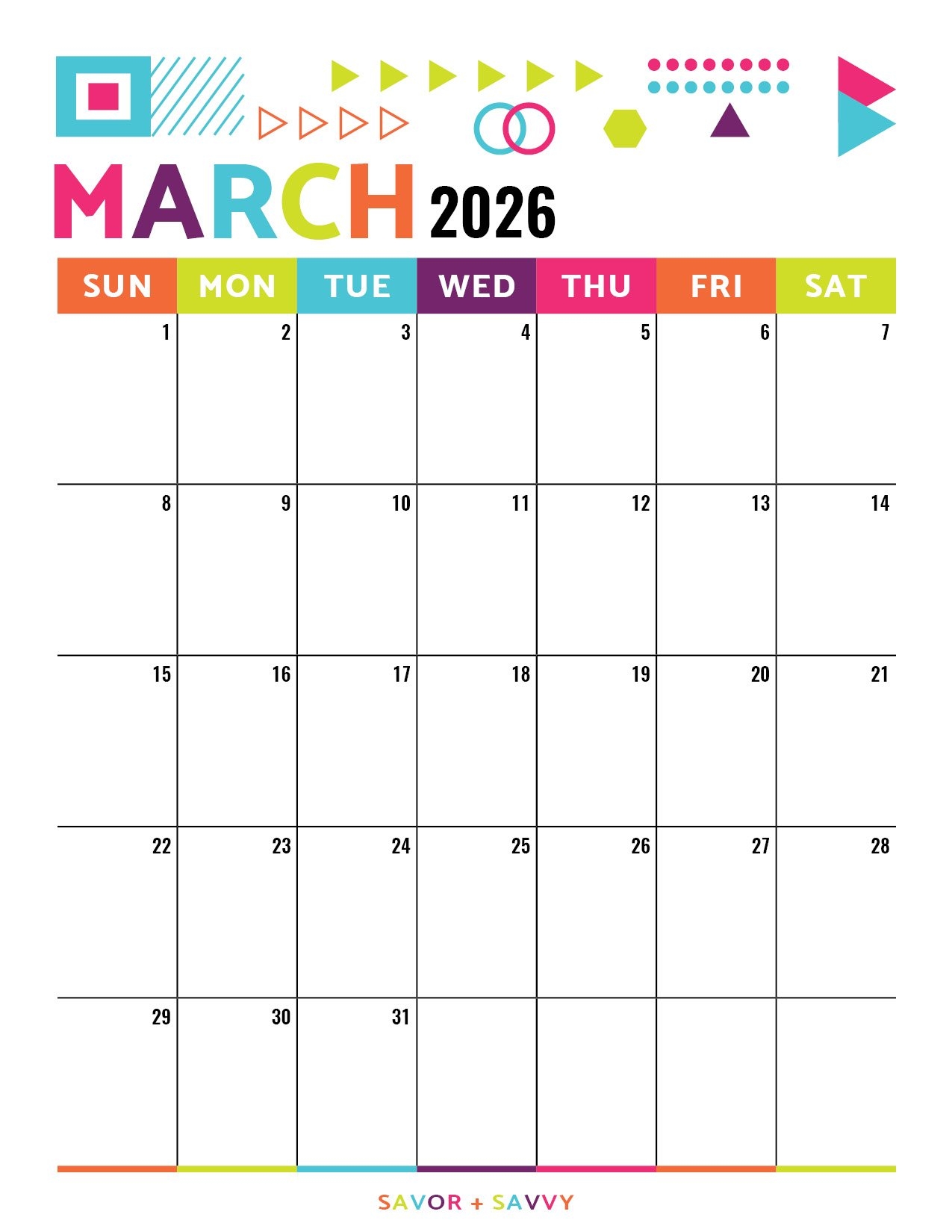 March 2026 Calendar Templates 14 Free Printables Savor Savvy