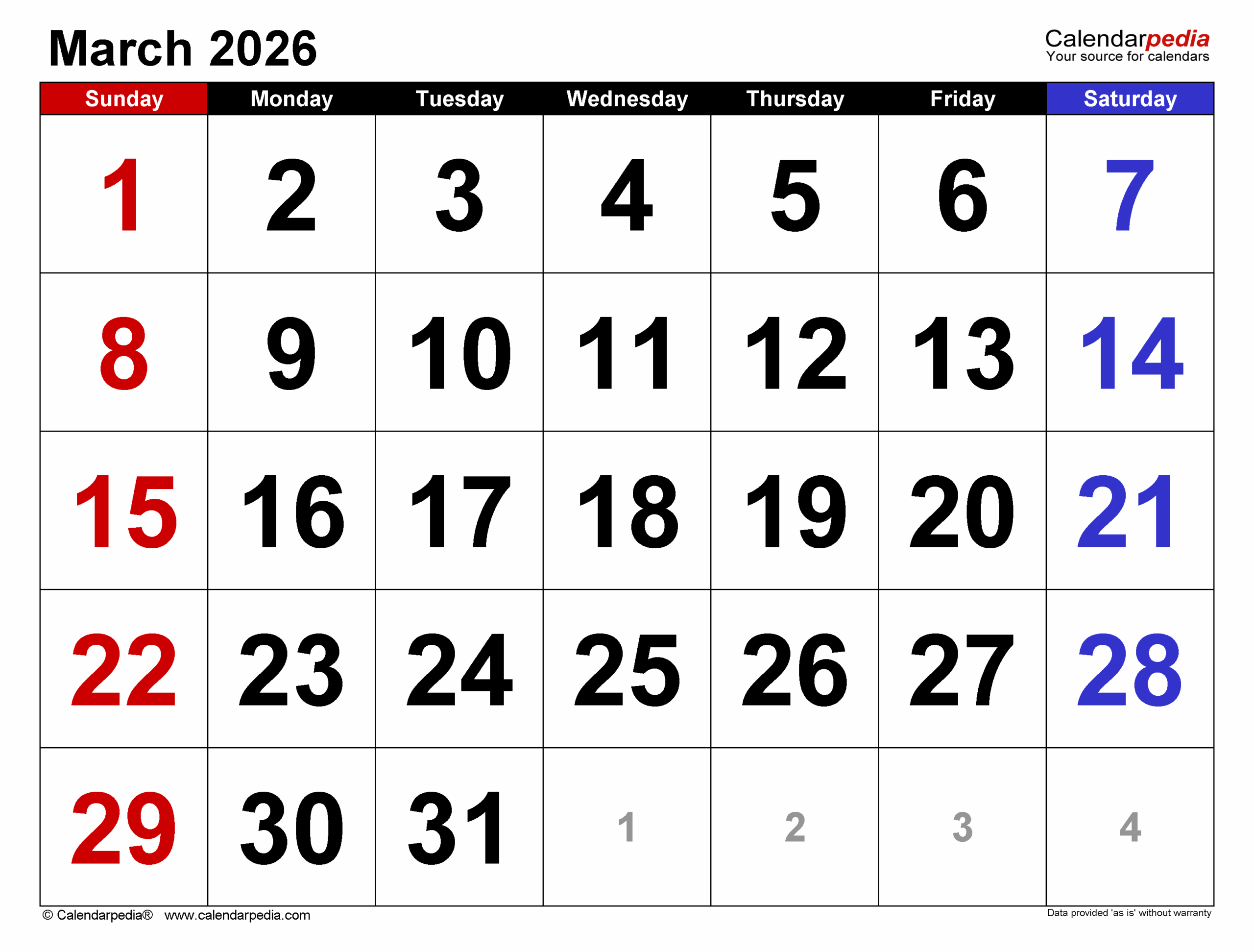 March Calendar Editable 2026