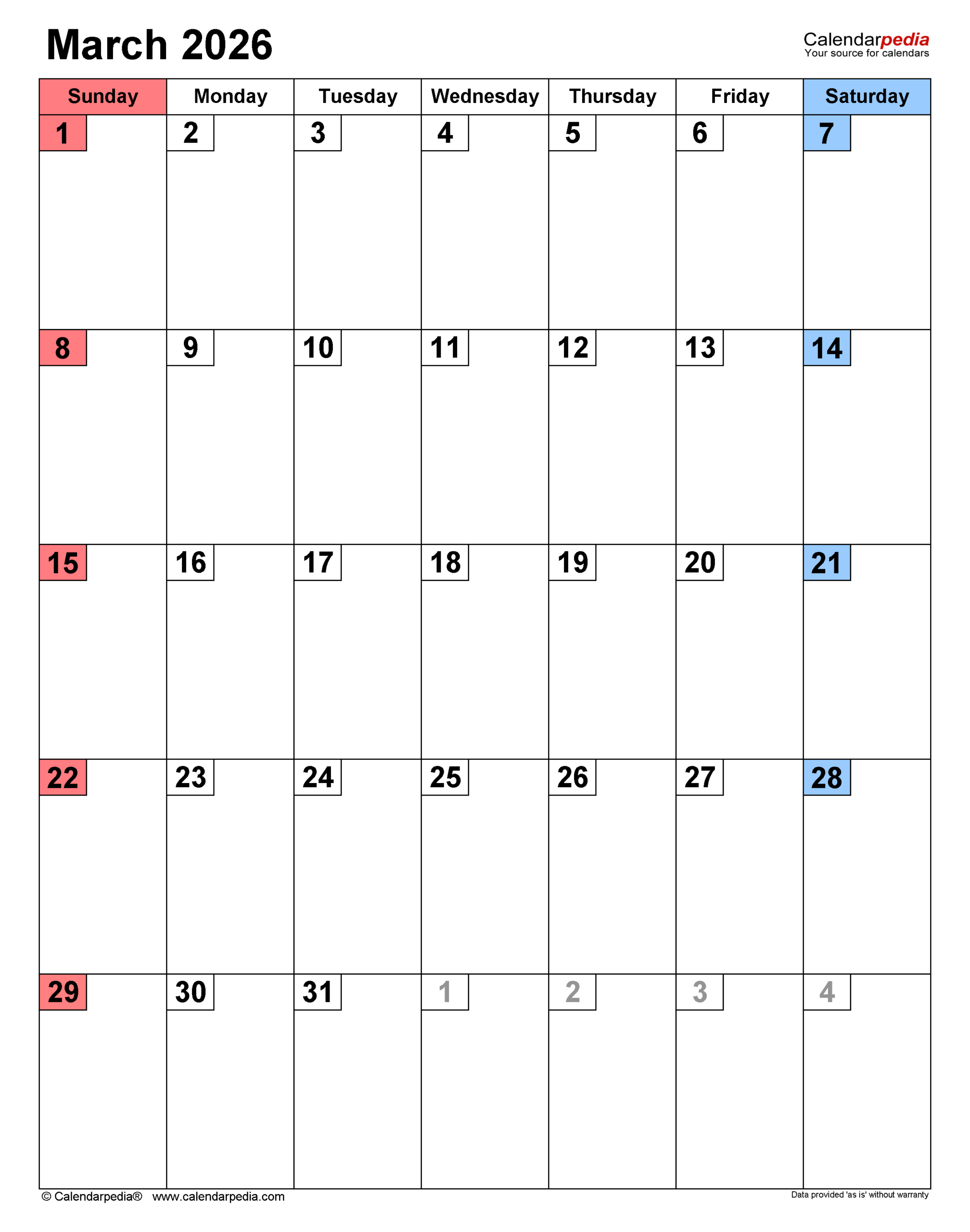 March 2026 Calendar Templates For PDF Excel And Word