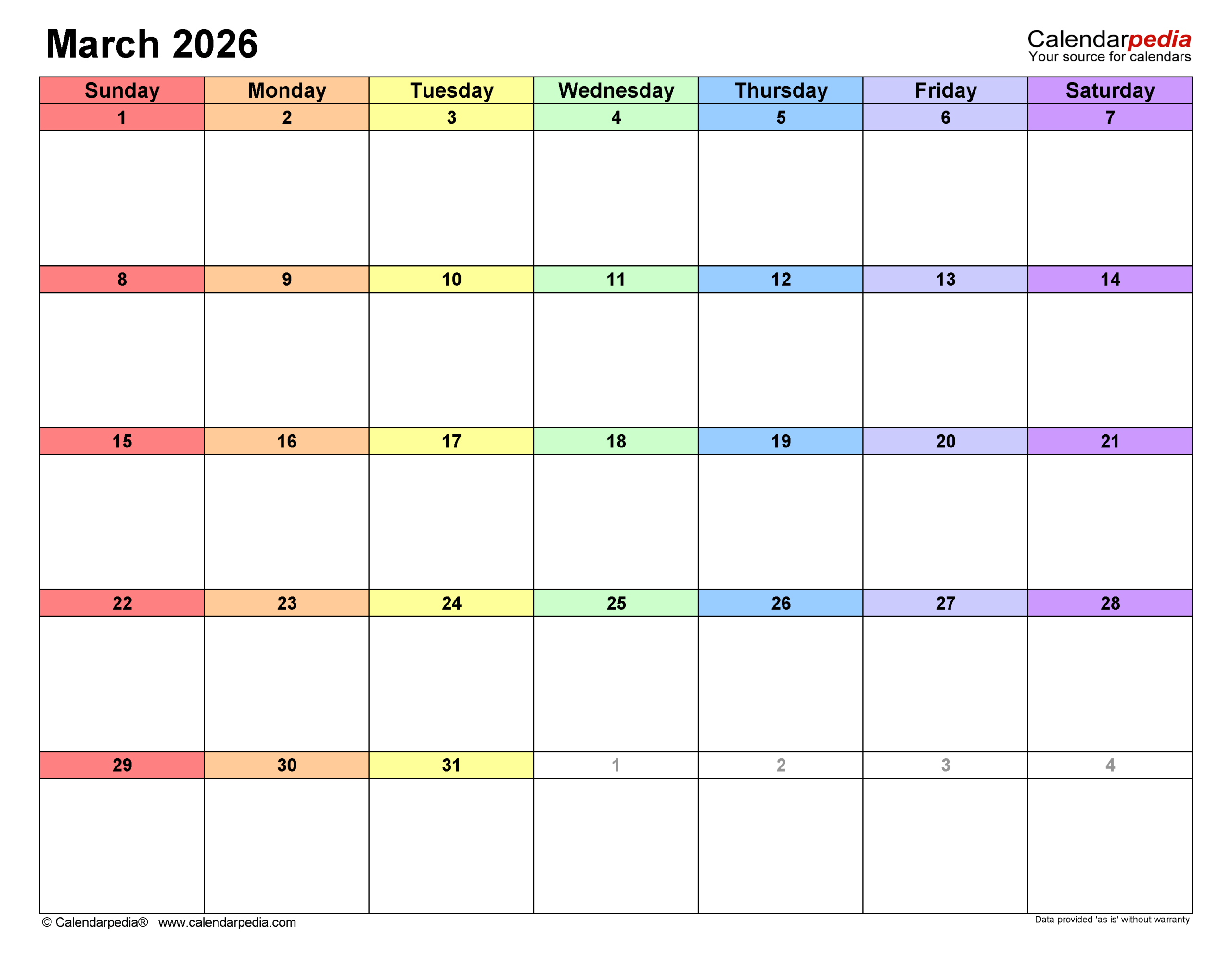 March 2026 Calendar Templates For PDF Excel And Word