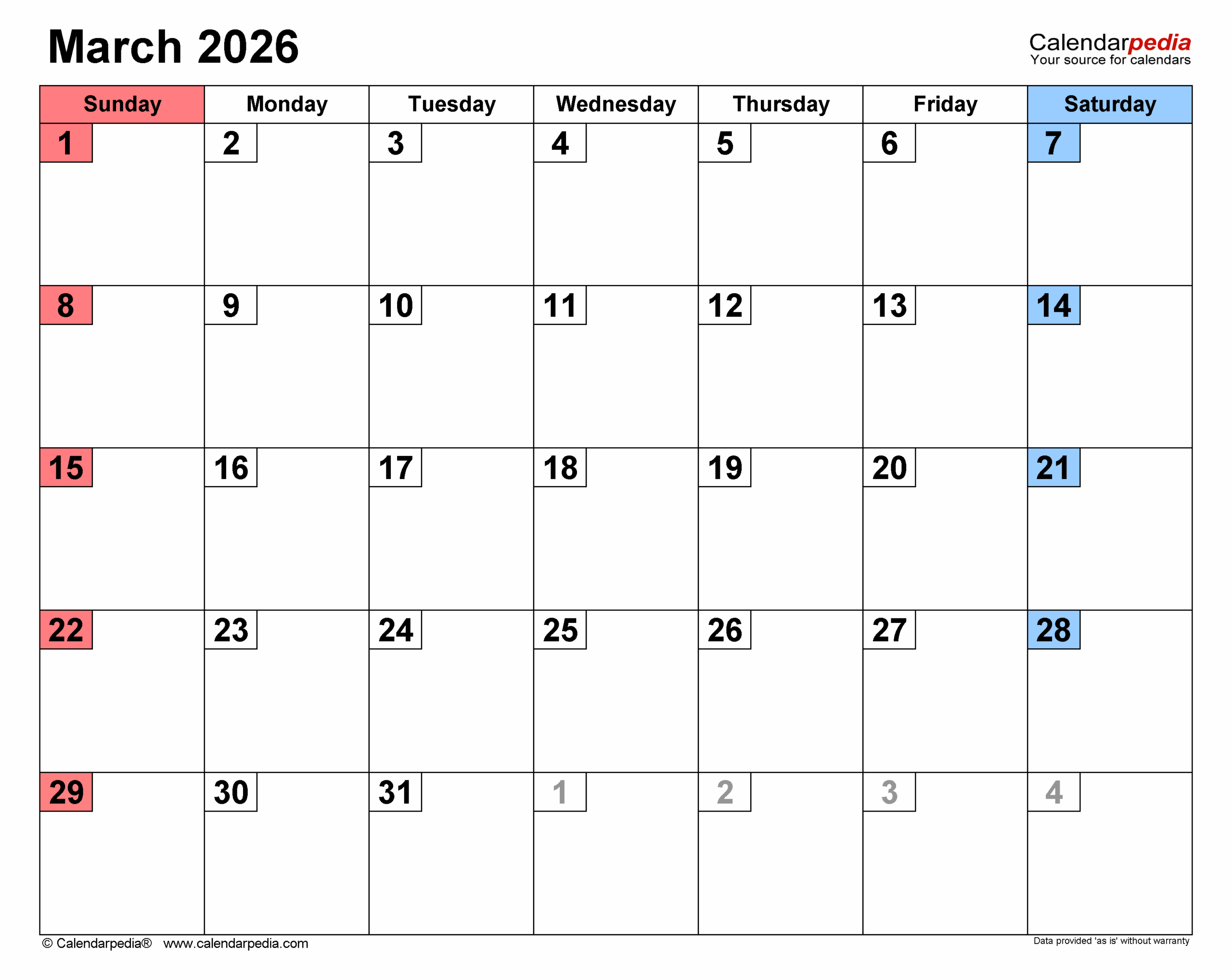 March 2026 Calendar Templates For PDF Excel And Word