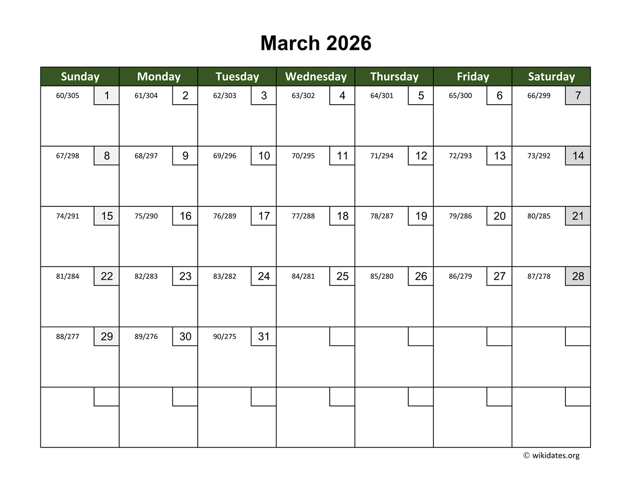 Excel March 2026 Calendar