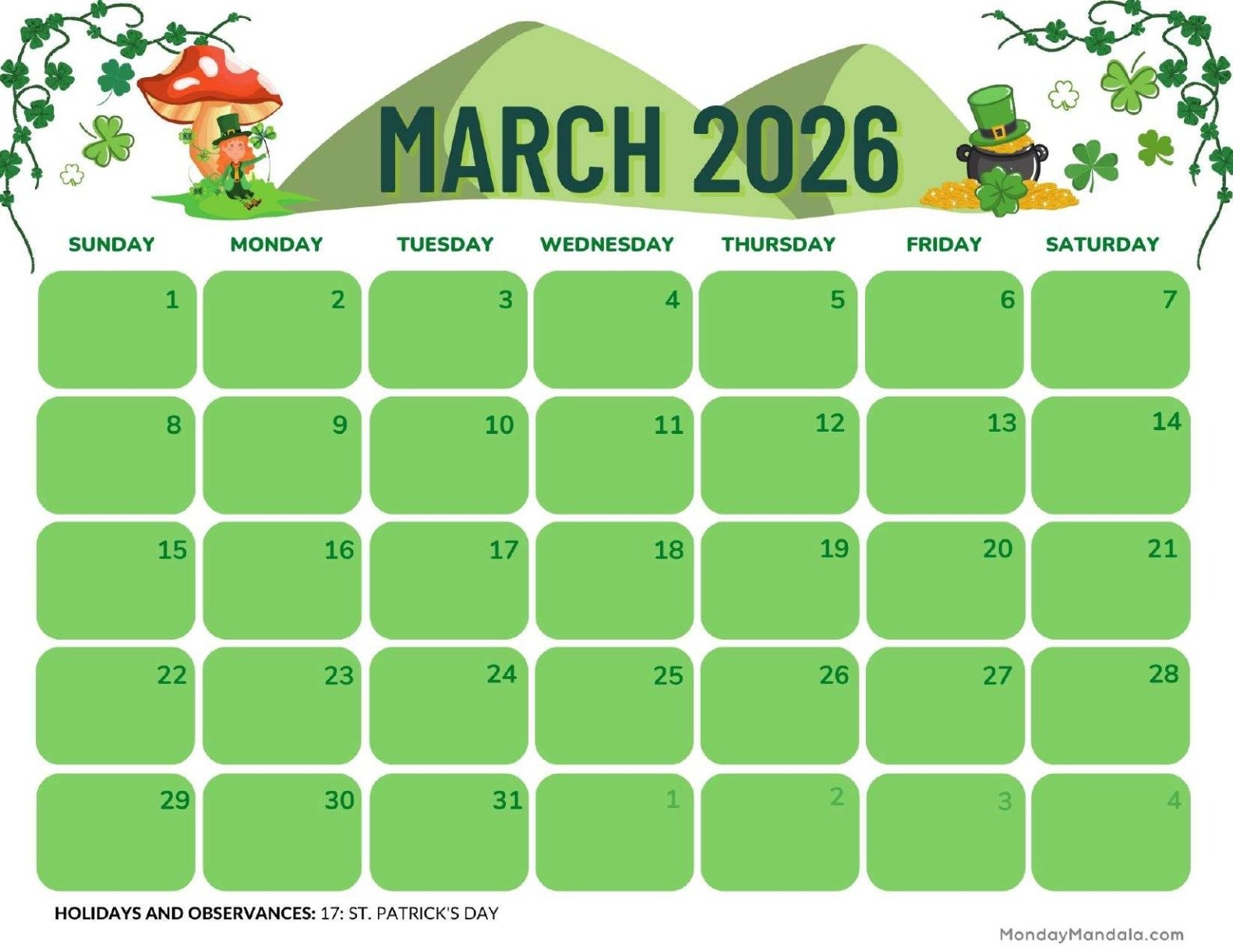 March 2026 Calendar Big