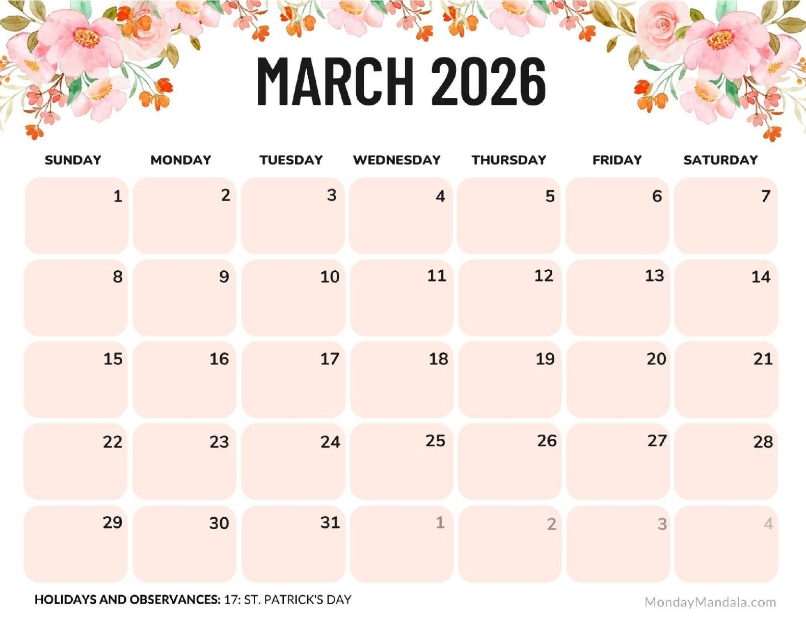 March Wellbeing Calendar 2026
