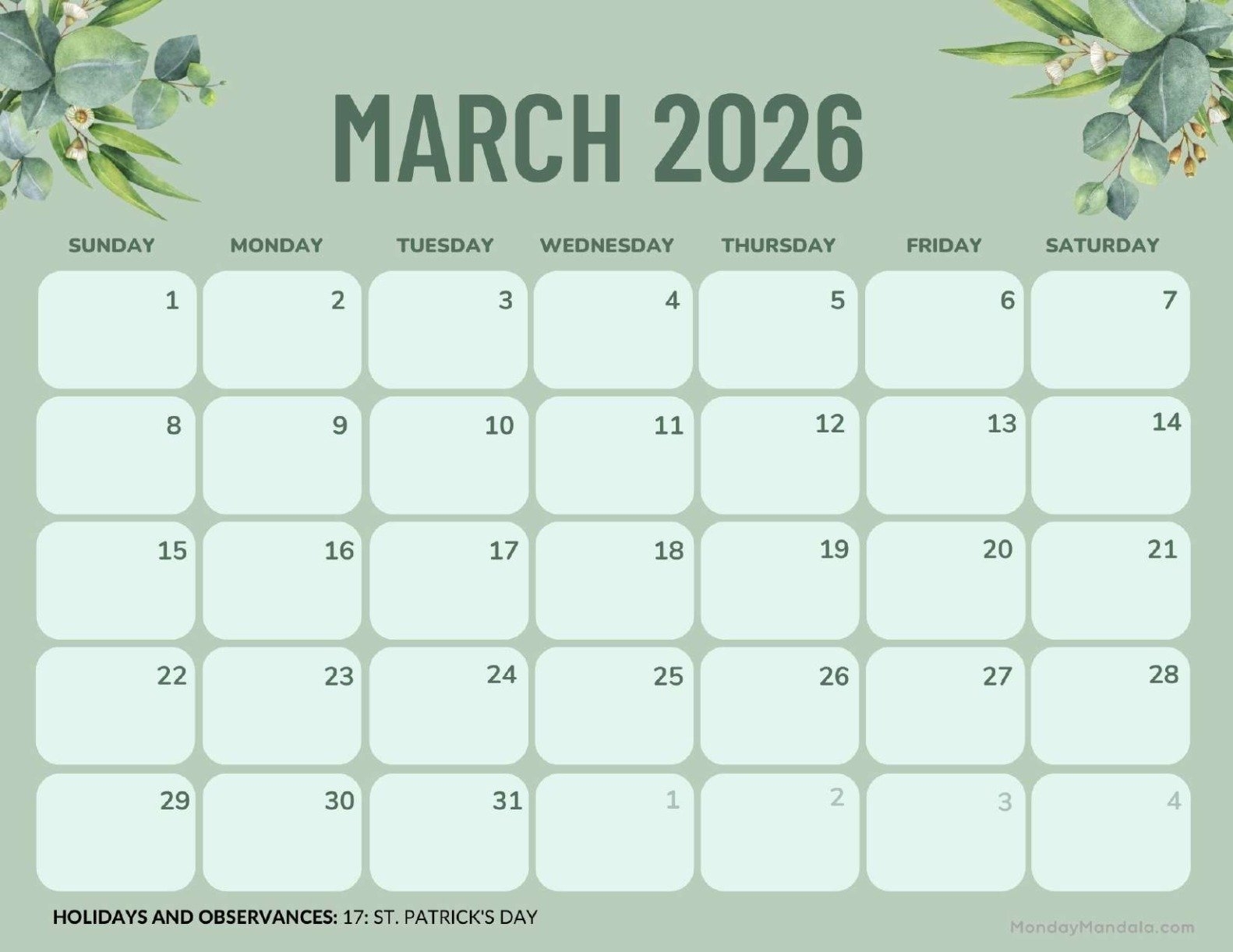 March 2026 Calendar Editable Pdf