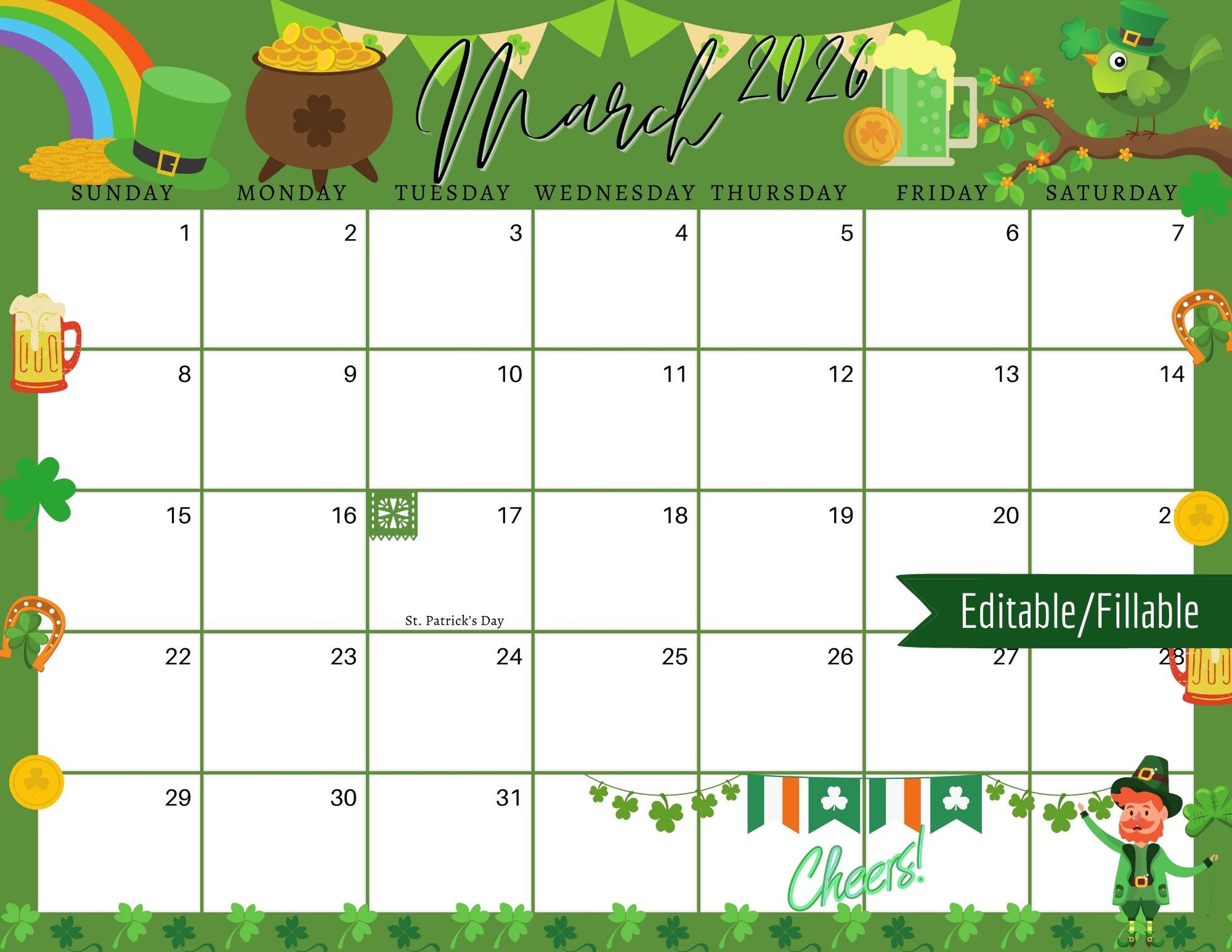 March 2026 Digital Calendar Green St Patrick s Day Planner 