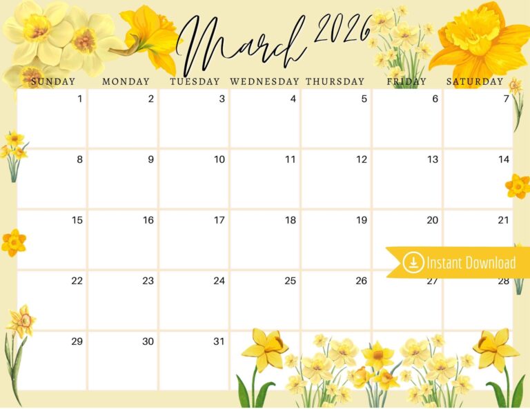 March 2026 Digital Calendar Yellow Daffodils Planner Editable Fillable Printable Calendar For Planning PDF PNG And JPG Download Etsy