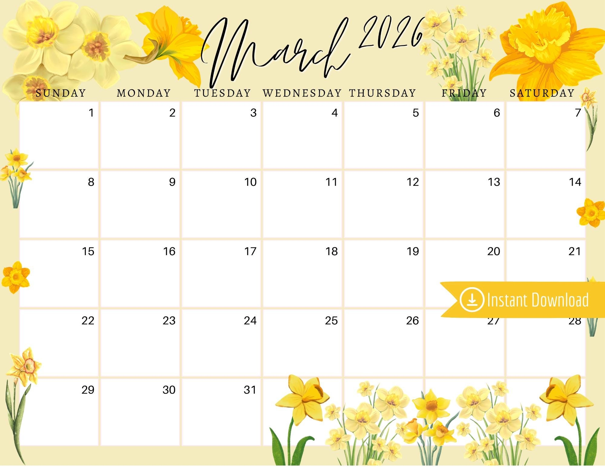 March 2026 Digital Calendar Yellow Daffodils Planner Editable Fillable Printable Calendar For Planning PDF PNG And JPG Download Etsy