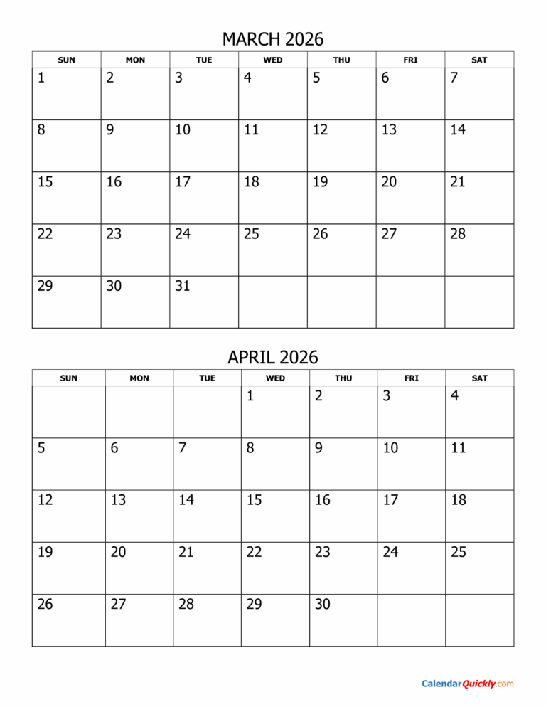 March And April 2026 Calendar Calendar Quickly