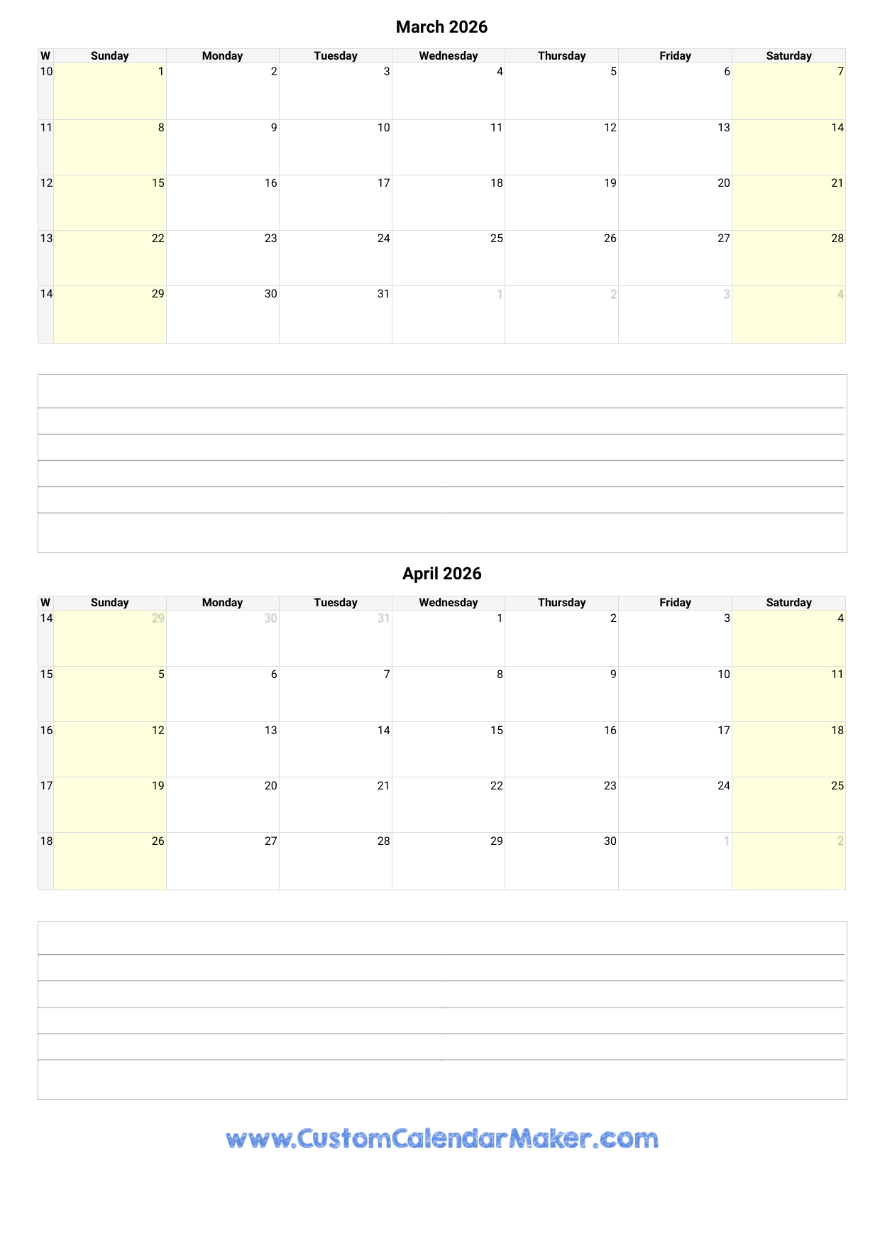 Editable March And April 2026 Calendar