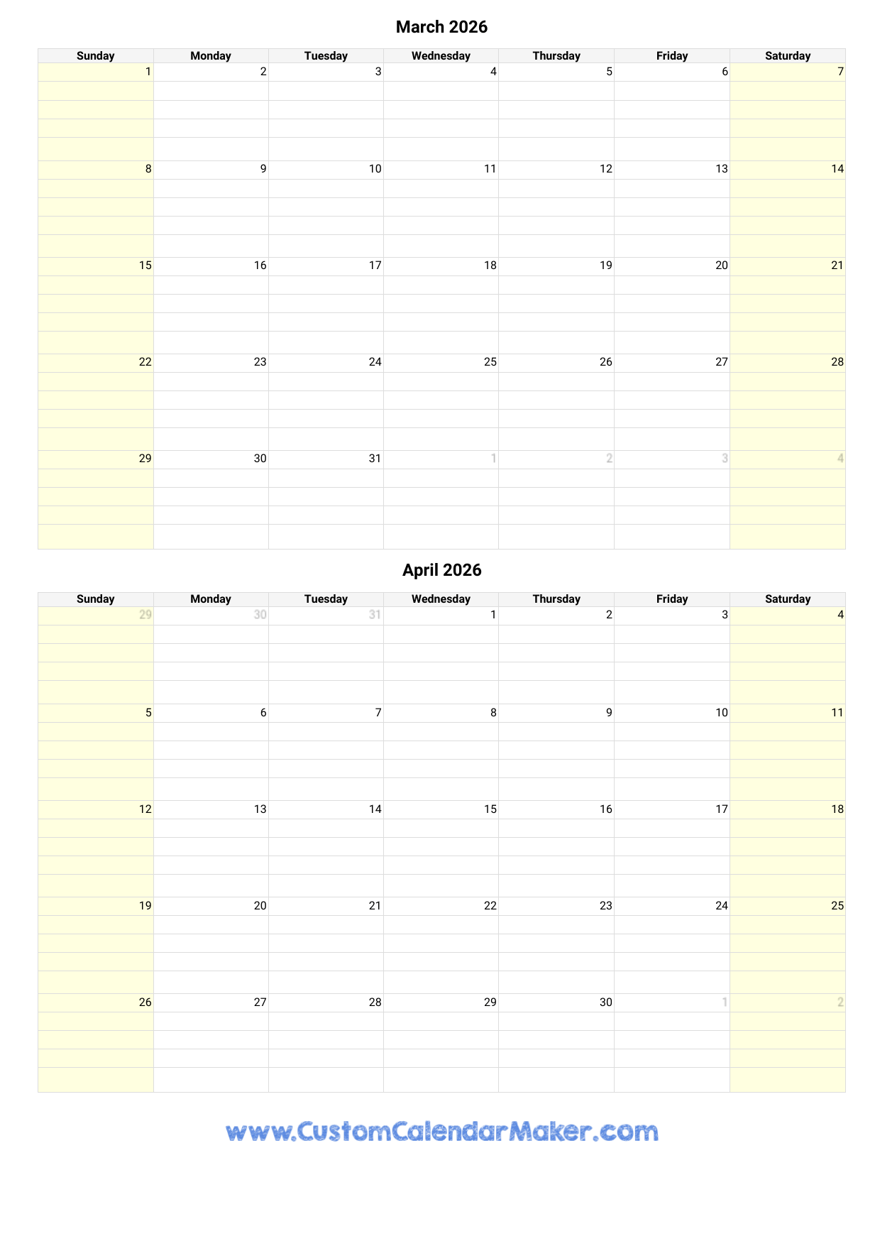 March April May 2026 Calendar Template