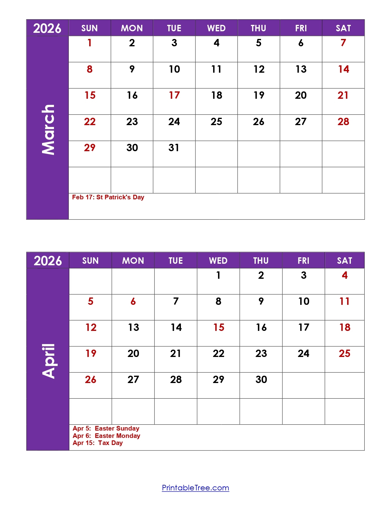 April Calendar 2026 With Holiday