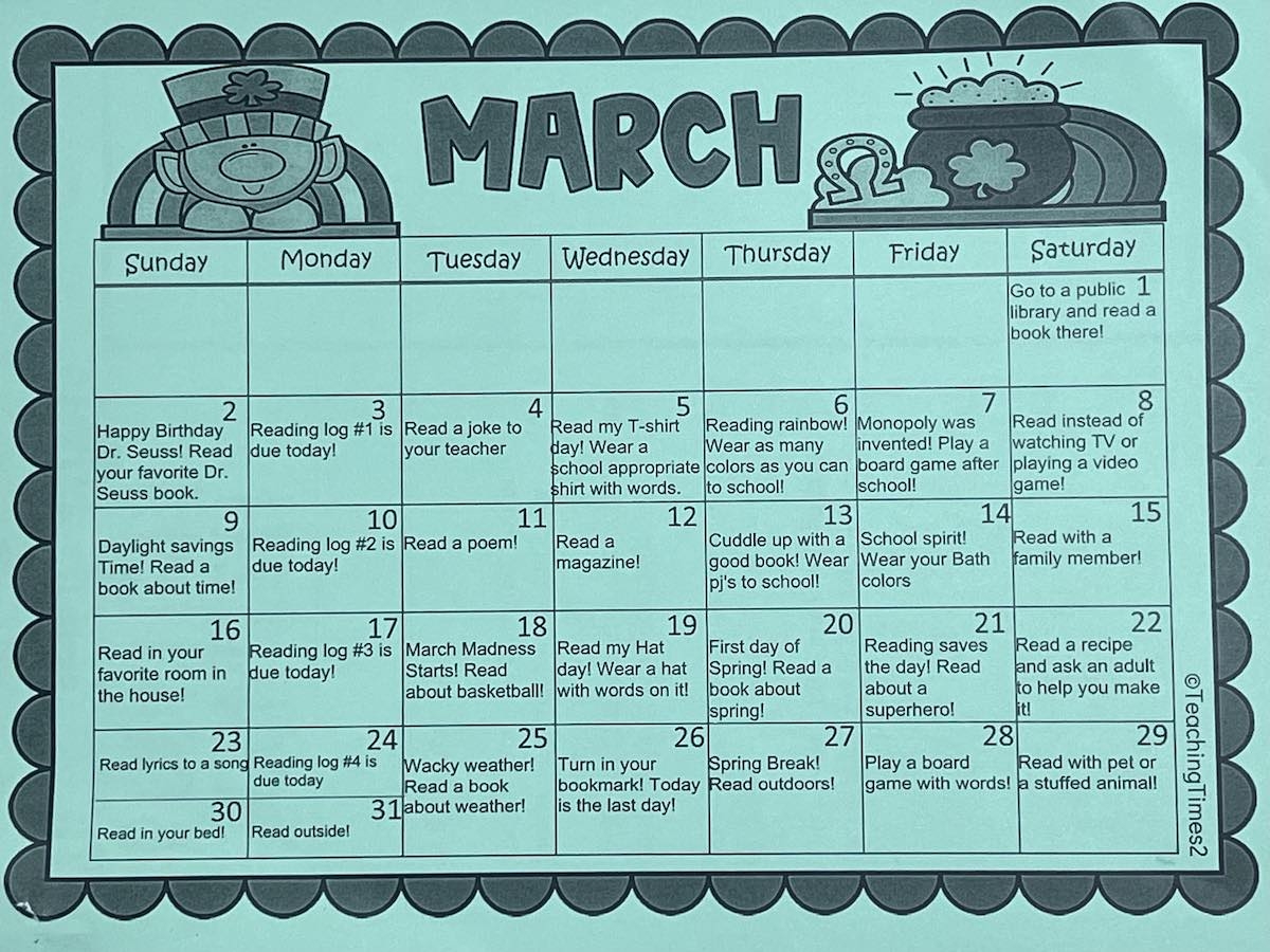 March Is Reading Month Printable Calendar Greater Lansing Area Moms