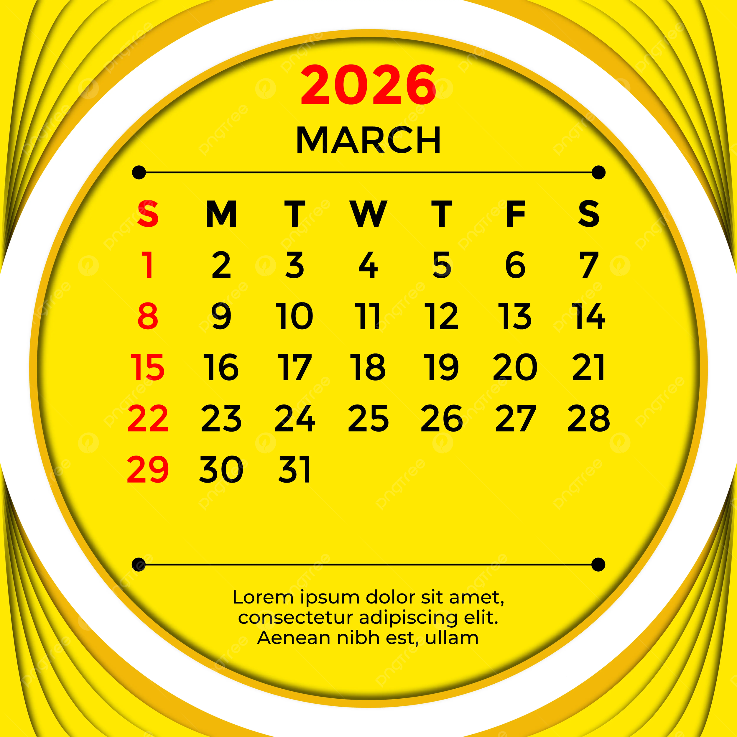 March Month 2026 Calendar Yellow Vector Template Download On Pngtree