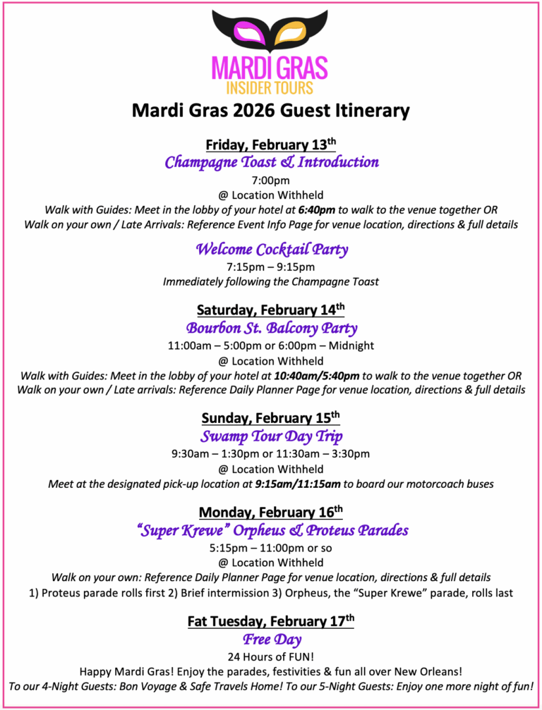 Mardi Gras 2026 Event Itinerary Mardi Gras Insider Tours