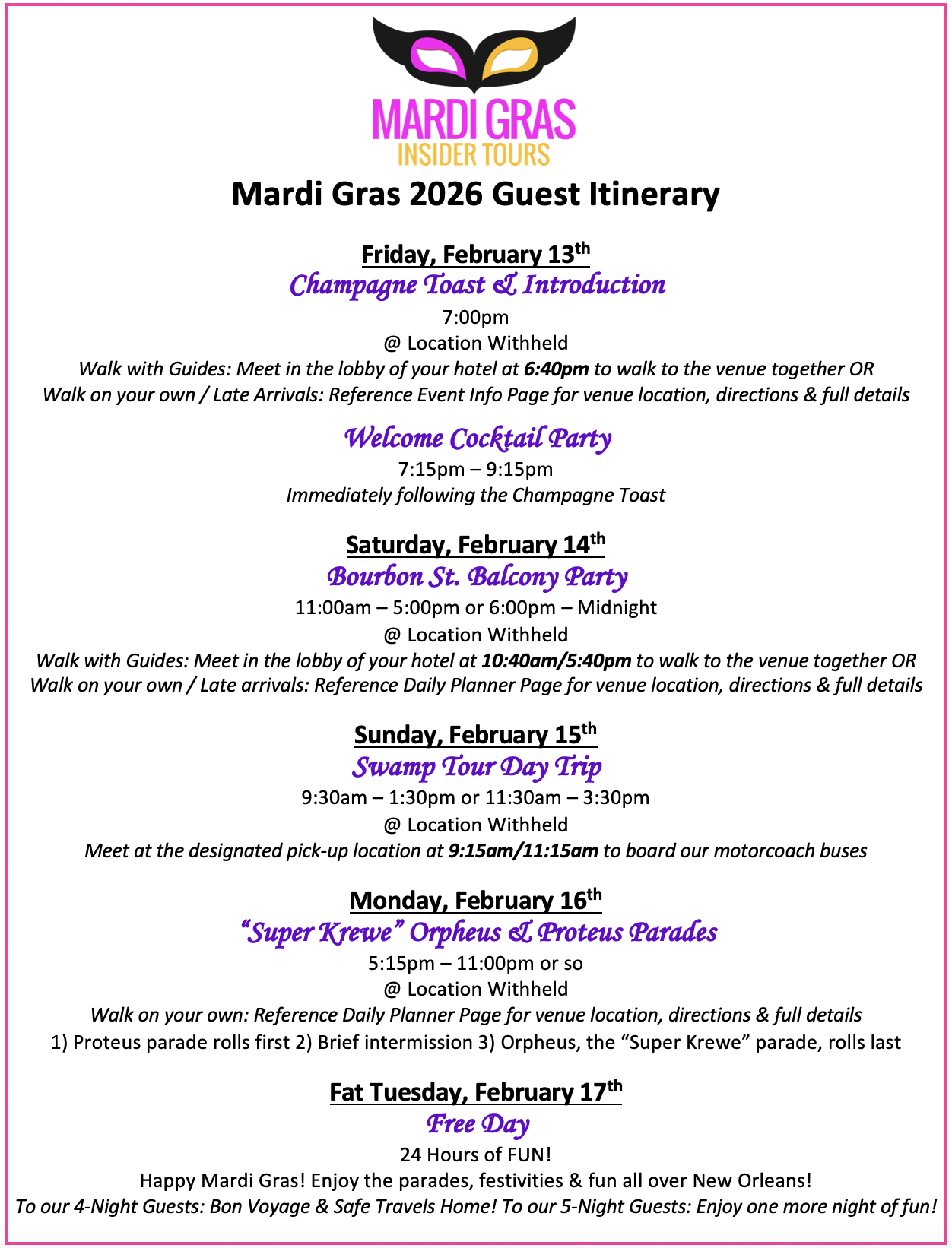 Mardi Gras 2026 Event Itinerary Mardi Gras Insider Tours