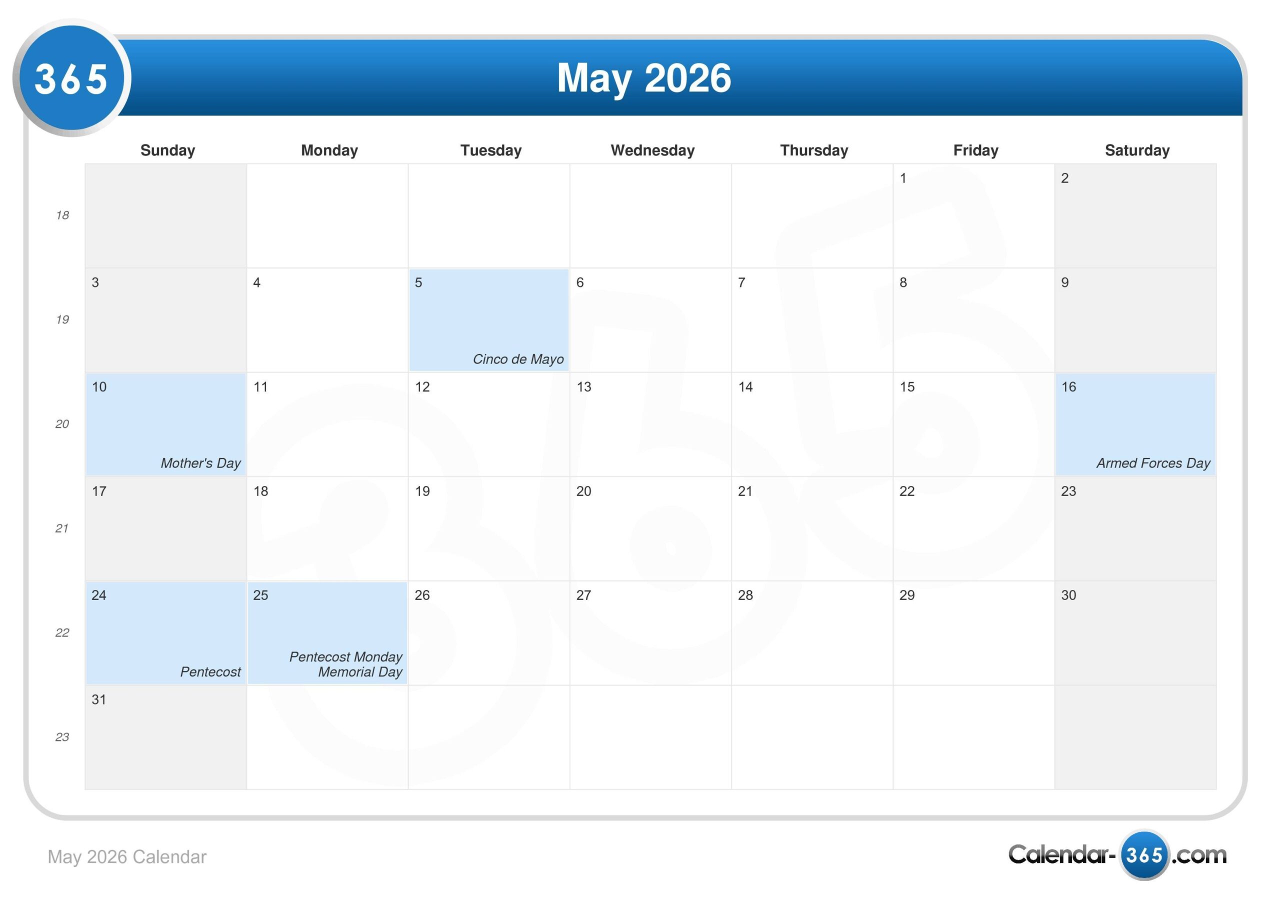 May 2026 Holiday Calender