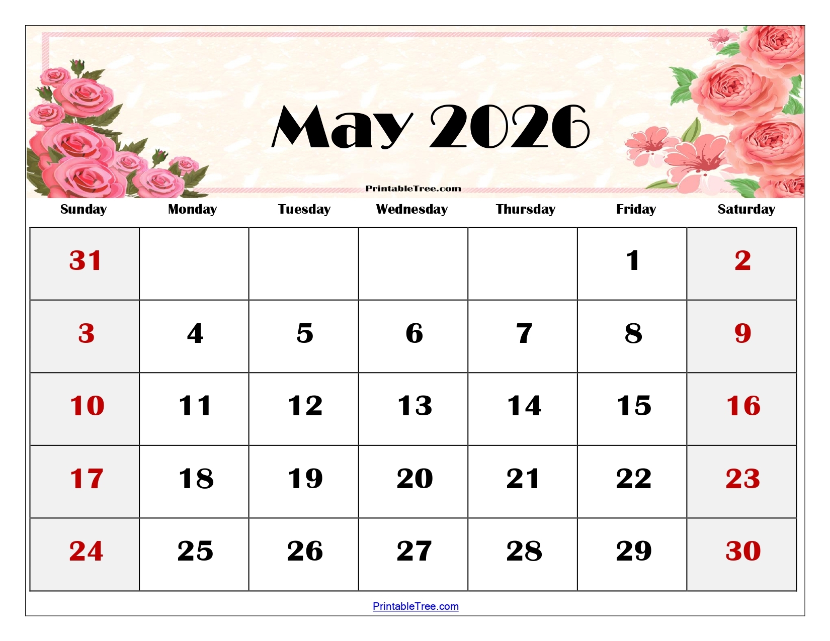 May Monthly Calendar 2026 Printable