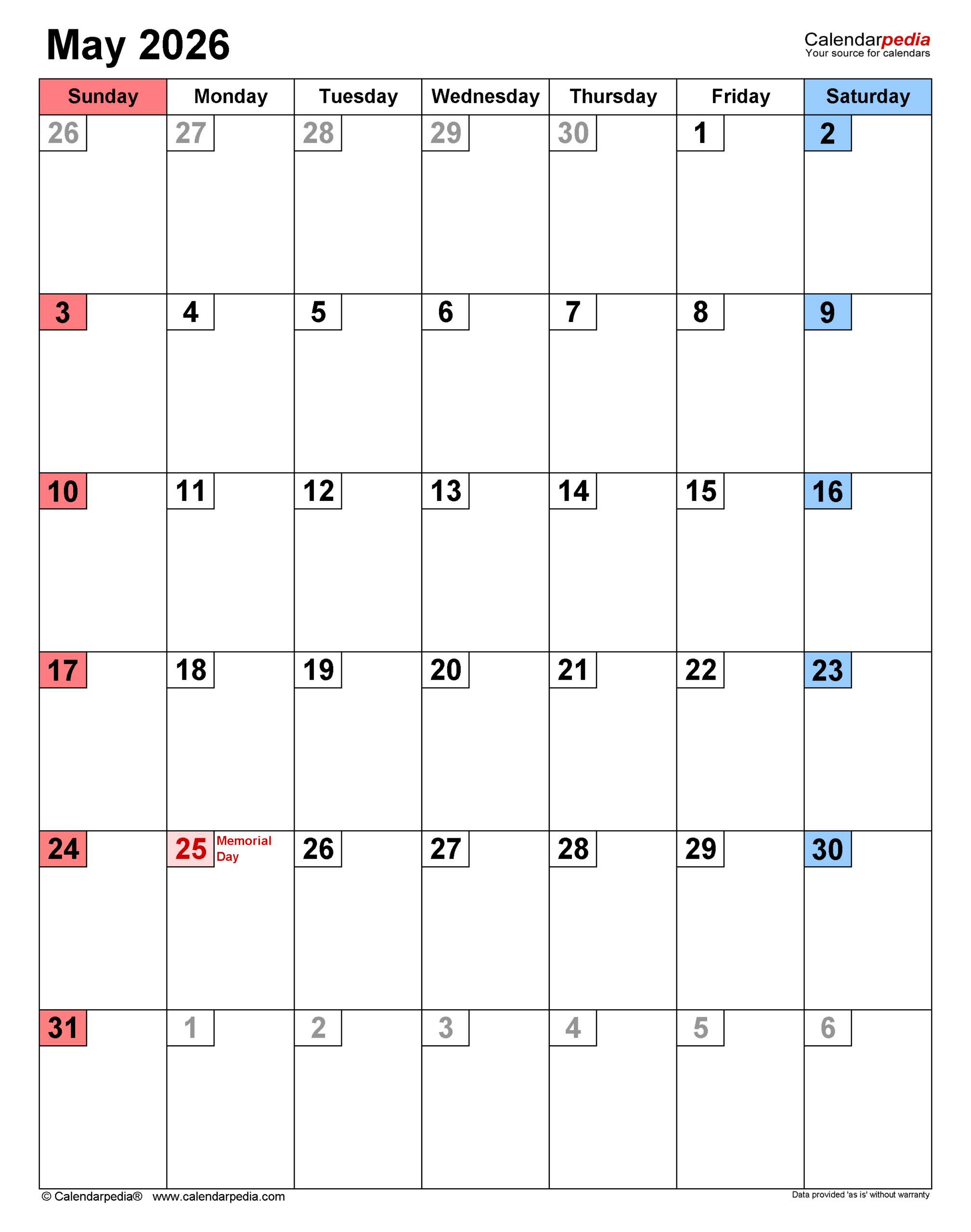 May 2026 Calendar Templates For PDF Excel And Word