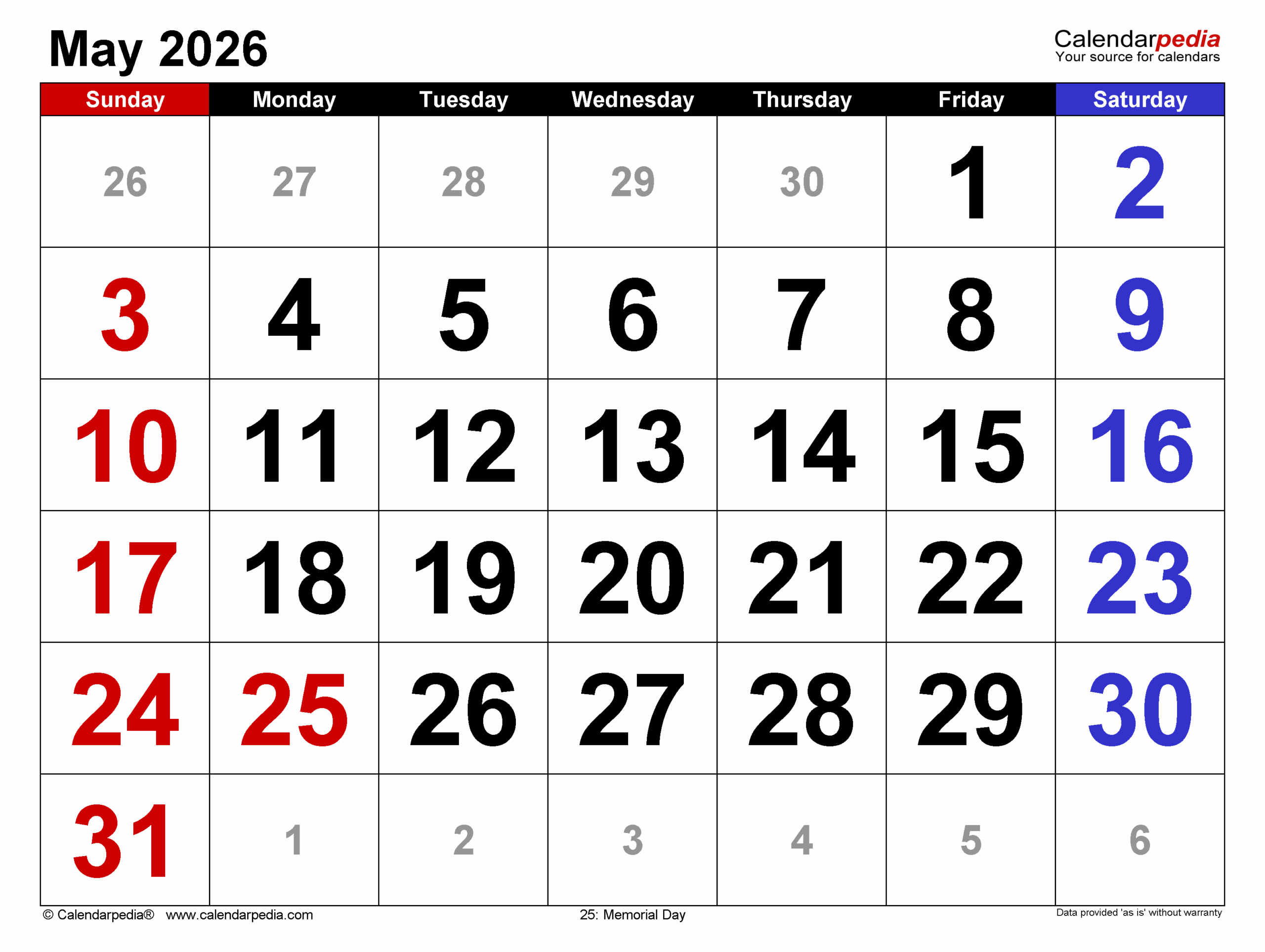 Calendar May 2026 Template