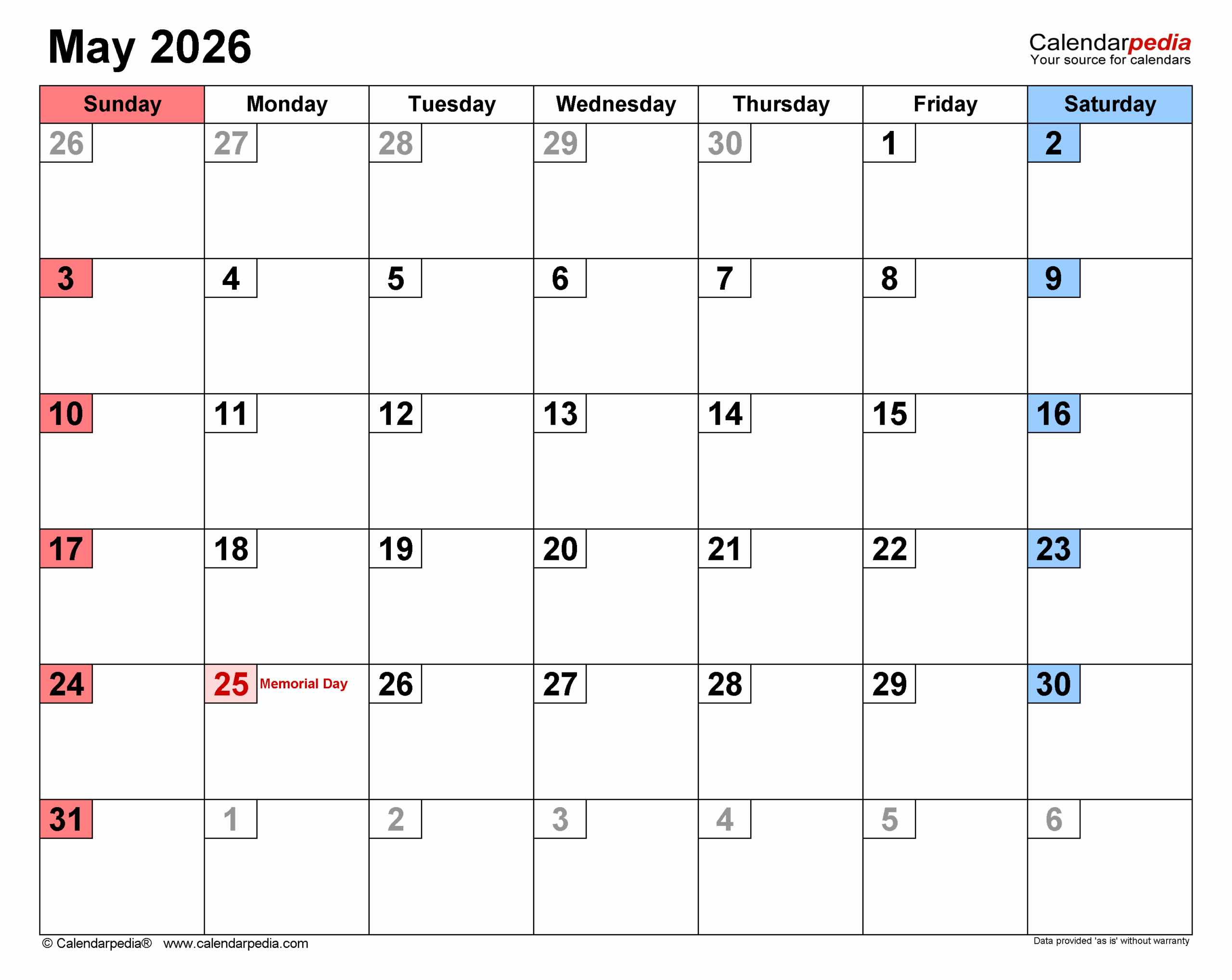 May 2026 Calendar Templates For PDF Excel And Word