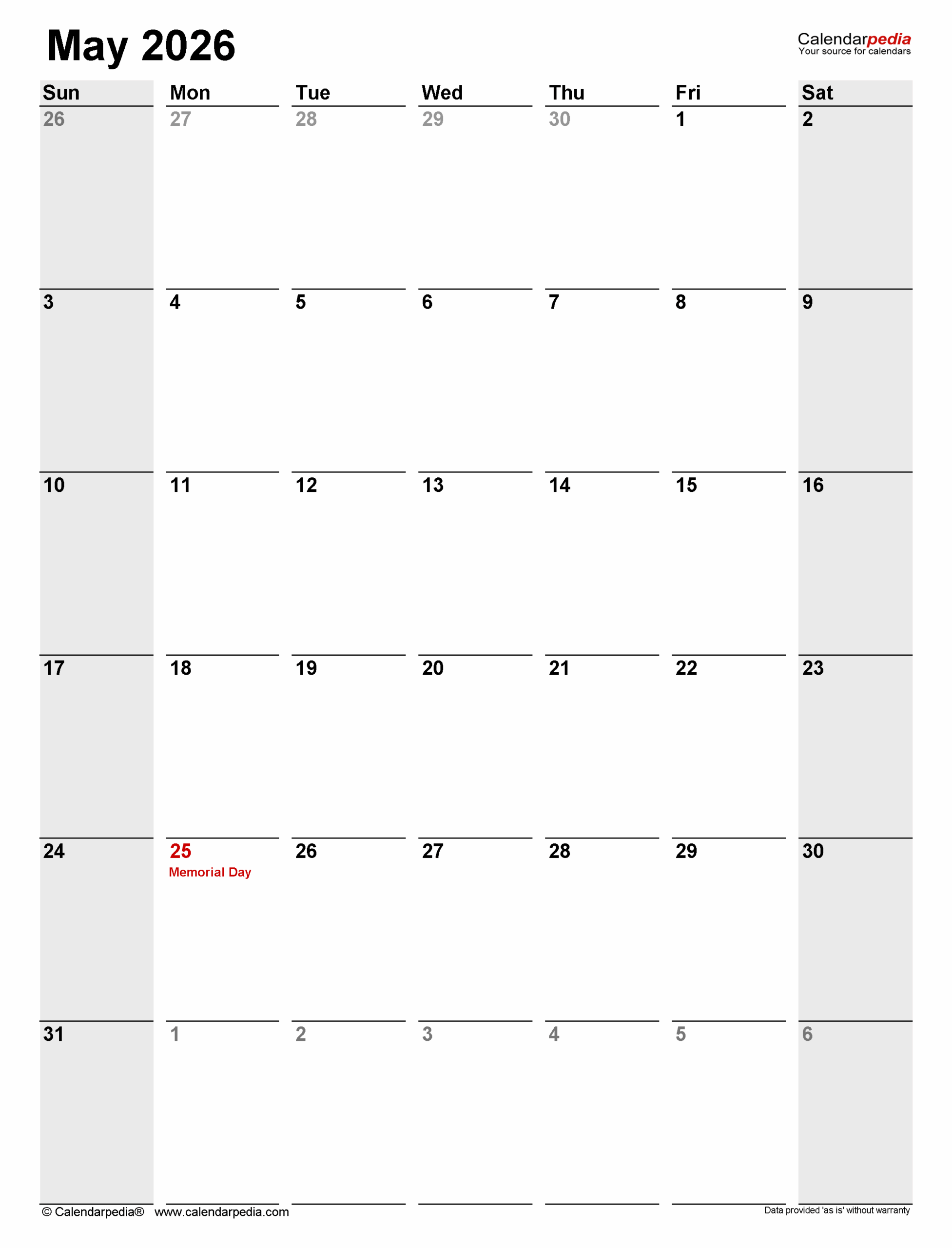 May 2026 Calendar Calendarpedia
