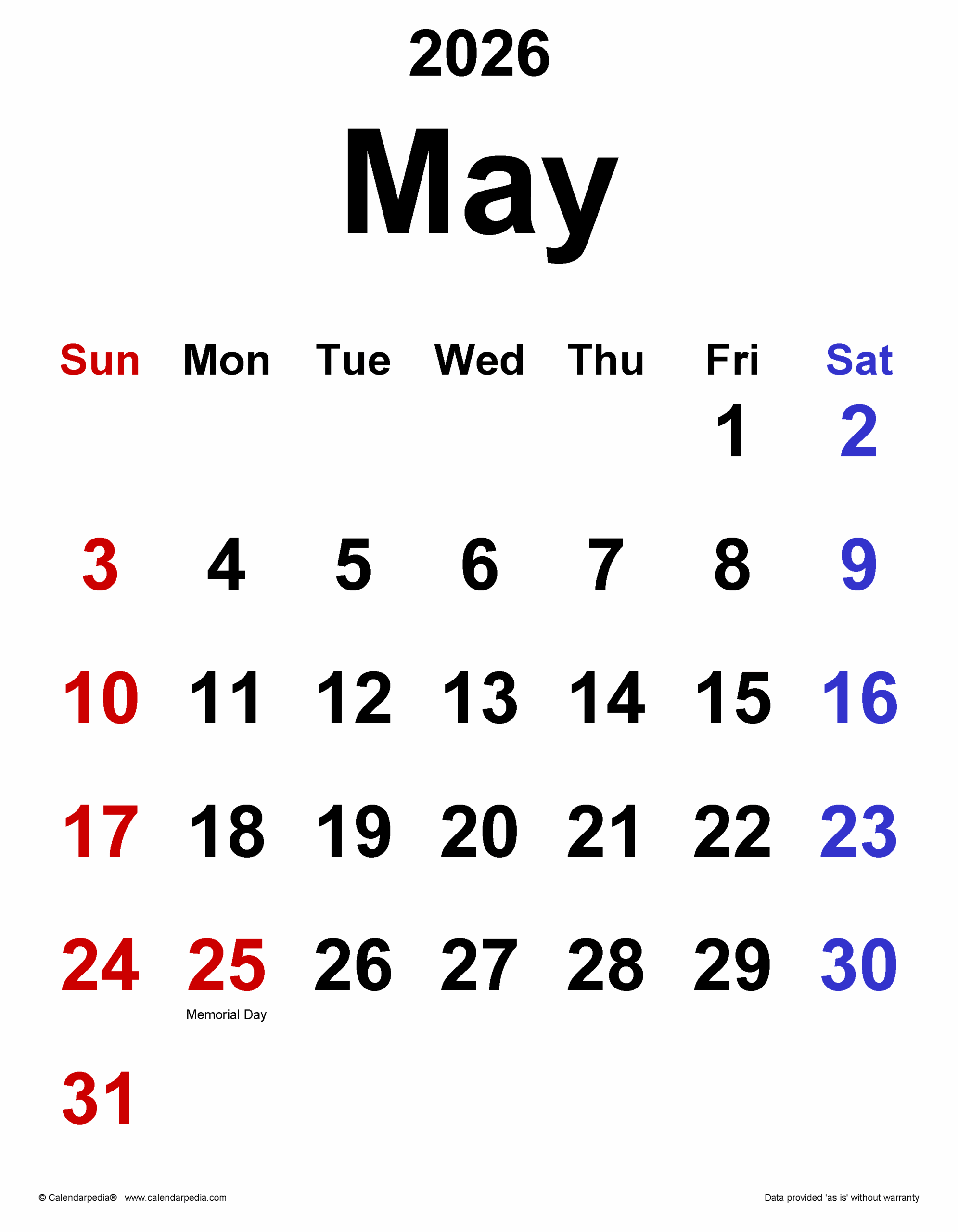 May 2026 Calendar Templates For PDF Excel And Word