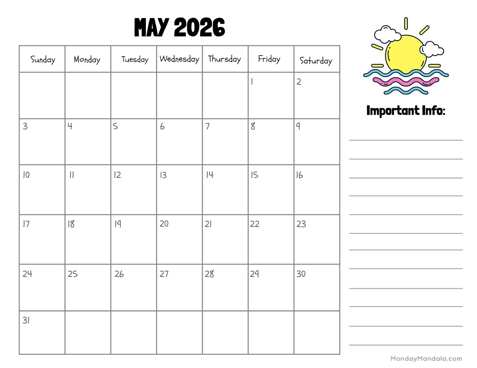 May 2026 Coloring Calendar Printable
