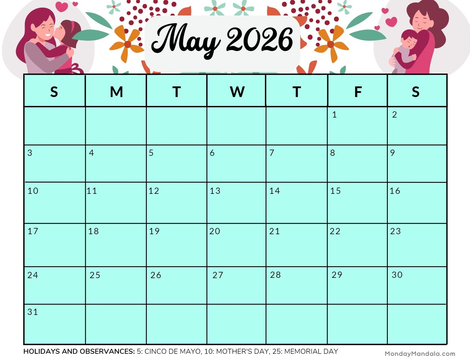 May 2026 Calendar Printable May 2026 Calendar Landscape