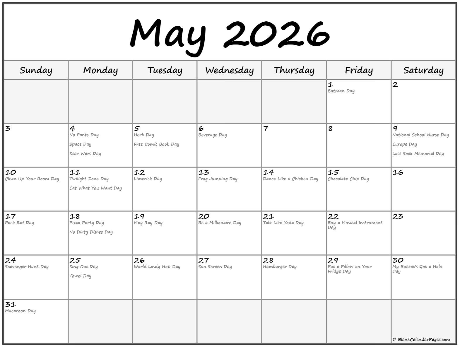 May Calendar 2026 Fun