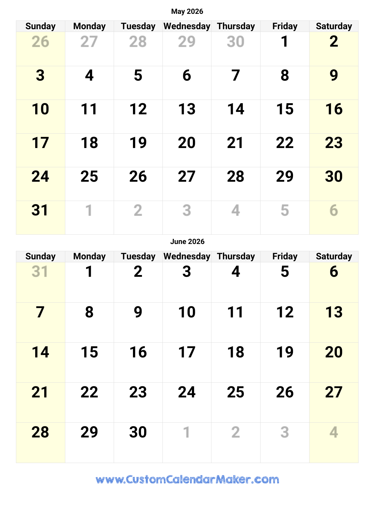 Large May Calendar 2026