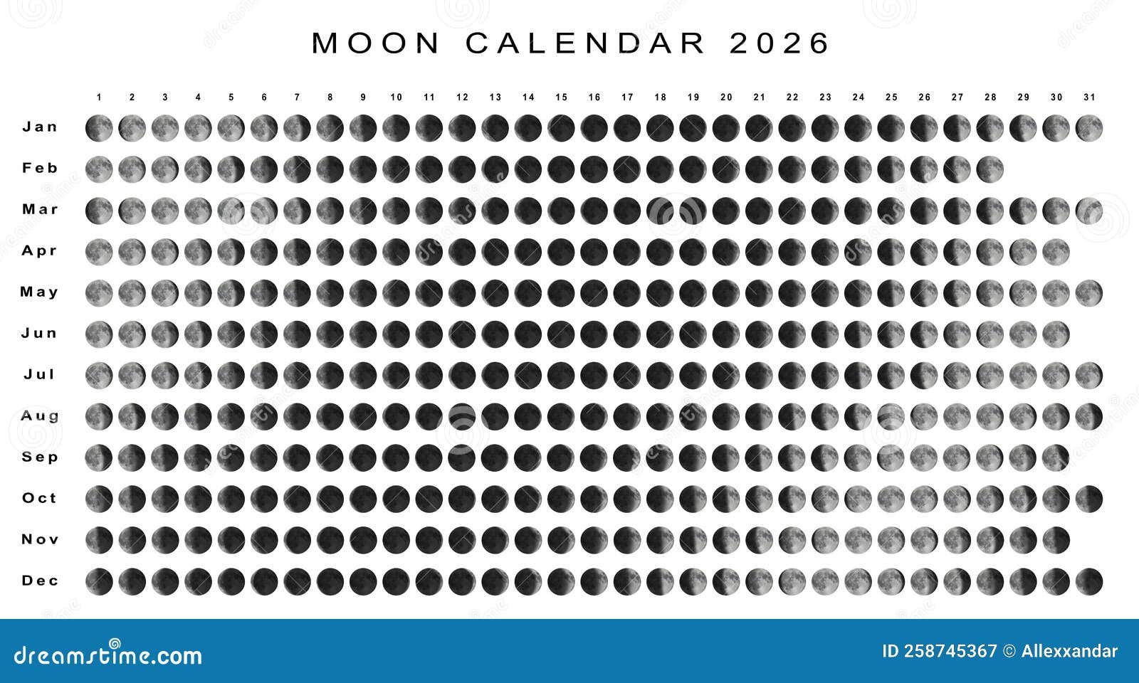 Moon Calendar 2026 Northern Hemisphere Stock Illustration 