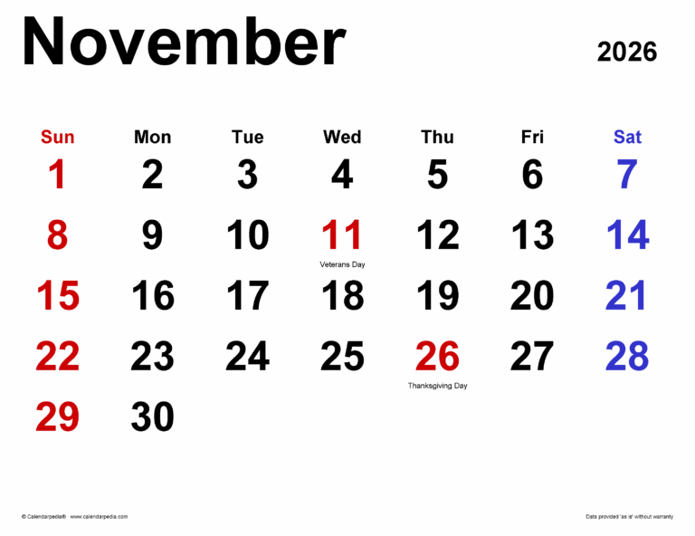 November 2026 Calendar Templates For PDF Excel And Word