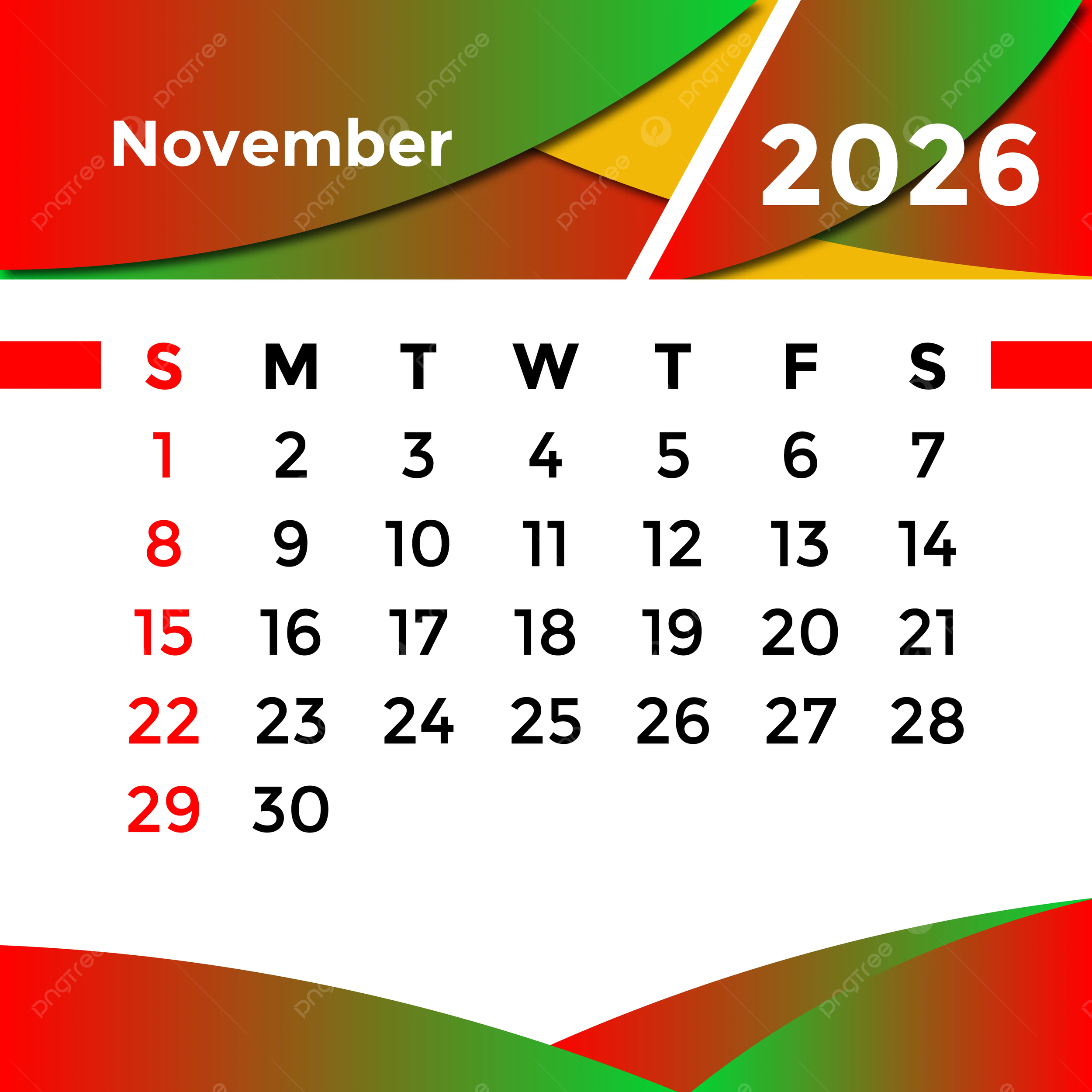 November Month Calendar 2026 Vector Template Download On Pngtree