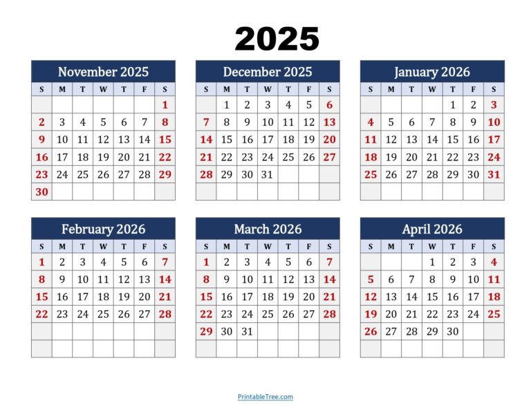November To April 2026 Calendar Printable PDF Six Months Calendar