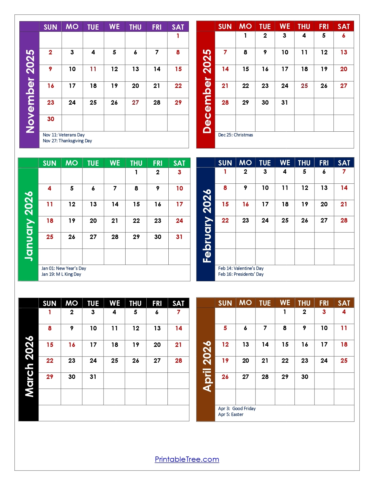 November To April 2026 Calendar Printable PDF Six Months Calendar