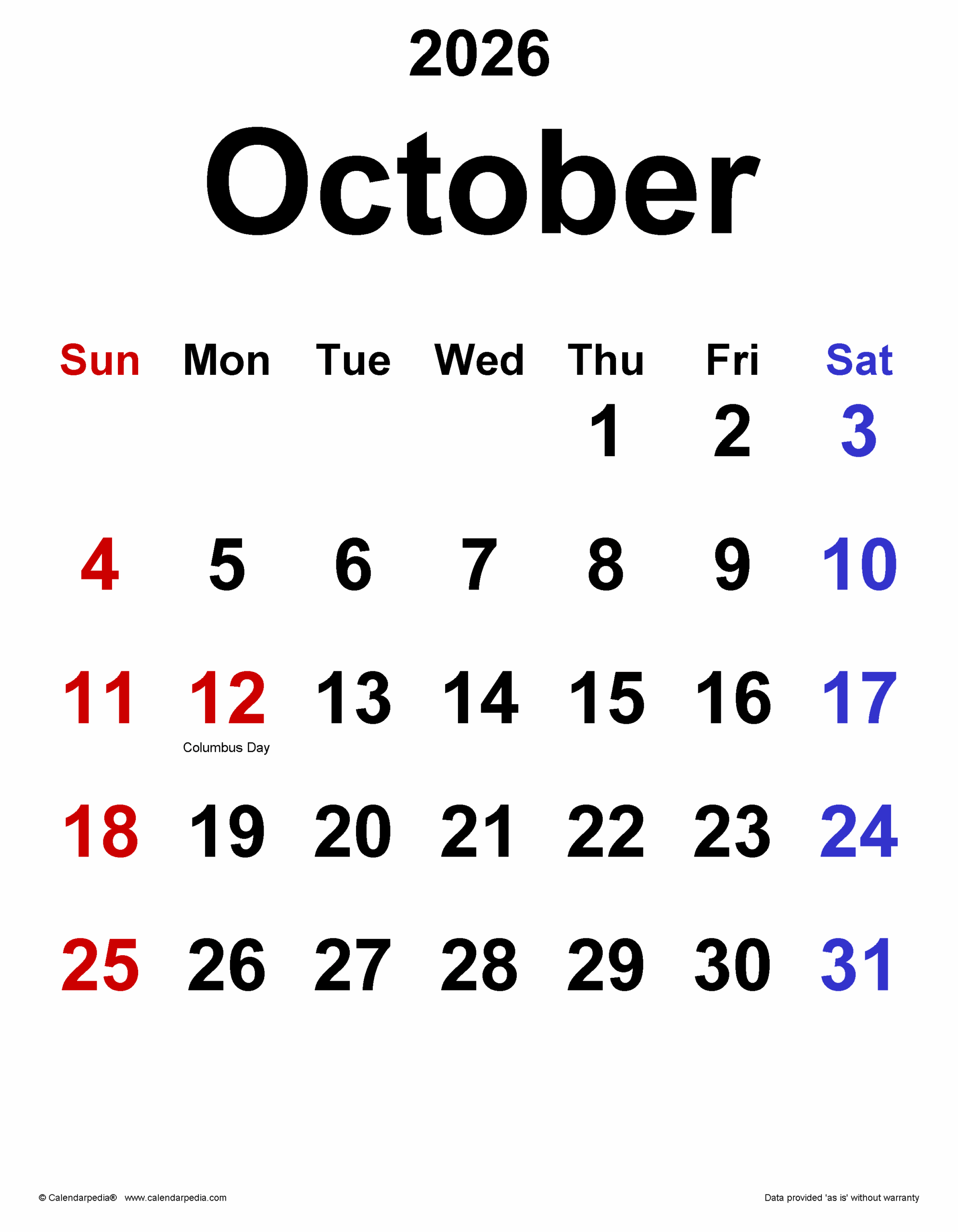 October 2026 Calendar Templates For PDF Excel And Word